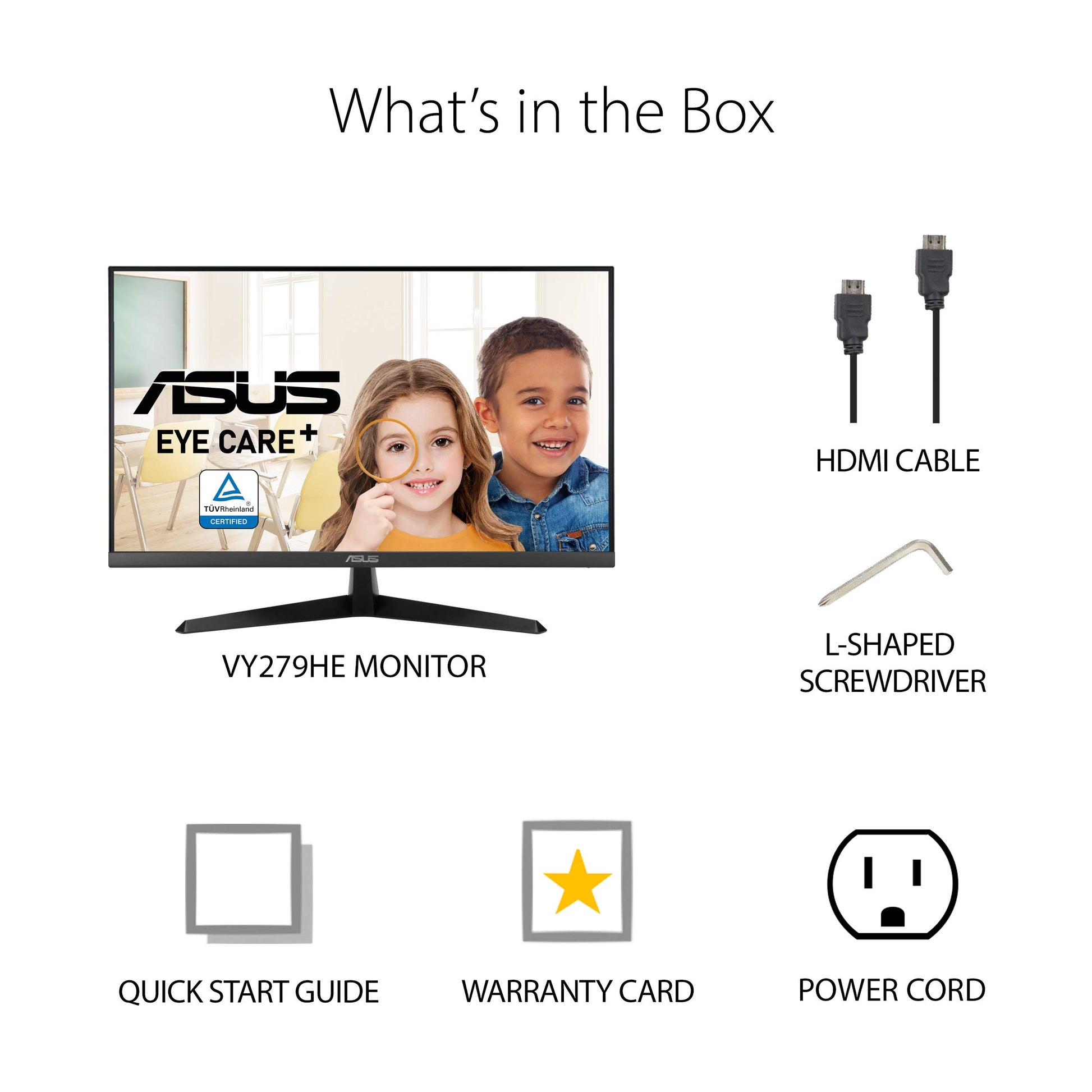 Asus Monitor Eye Care Plus 27" VY279HE, FHD, 1080p, IPS, 75Hz, 1ms, FreeSync, aumento de color, filtro de luz azul, sin parpadeo y tratamiento antibacteriano patentado