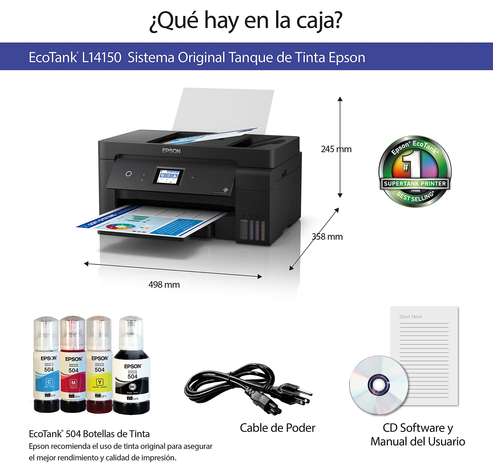 Epson Multifuncional Ecotank L14150 Duplex, Tanque de Tinta a Color para Negocio con ADF para Formato Ancho, Wi-Fi Direct - Ethernet, Fax