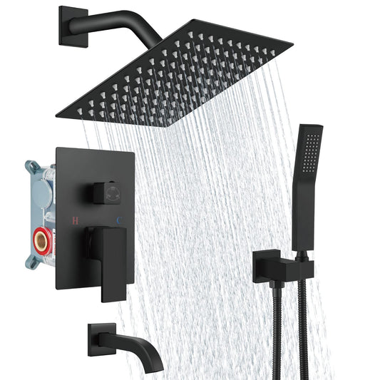 Aolemi Sistema de ducha de lluvia de 8 pulgadas, color negro mate, juego combinado con cabezal de ducha con relleno de tina, ducha de mano de lujo, válvula empotrada incluida, montaje en pared, llave mezclador de ducha