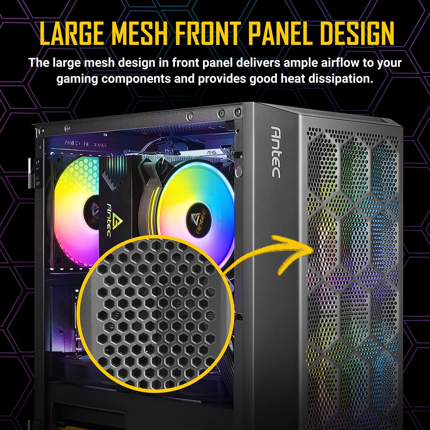 Antec NX200 M Micro-ATX Tower - Caja de Ordenador con Ventilador Trasero de 120 mm preinstalado, diseño de Malla en el Panel Frontal ventilado Flujo de Aire, Serie NX, Color Negro