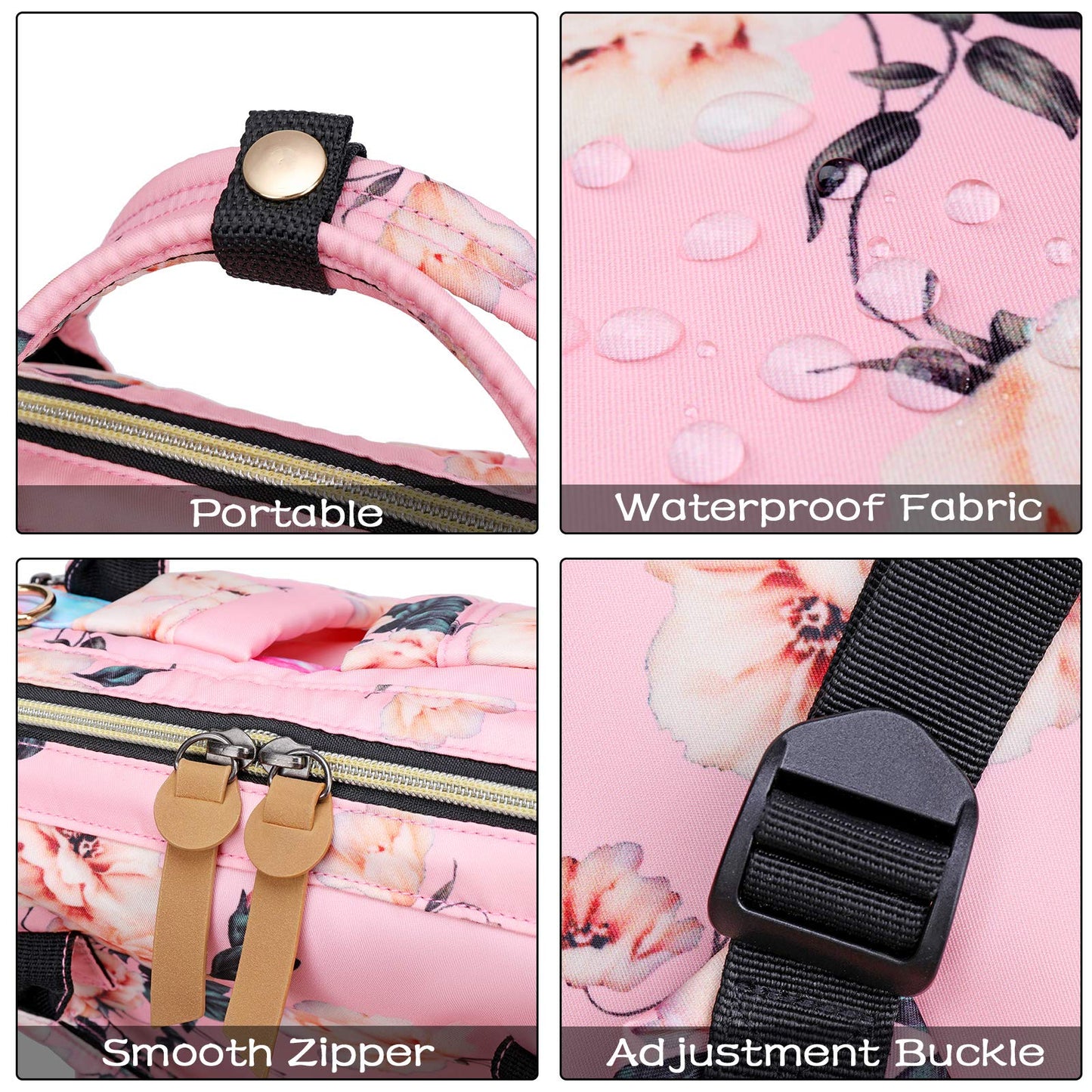 FANDARE Mochilas de Pañales Bebé Bolsa de Pañales con Puerto USB Enchufe de Audífonos Mochila de Viaje Mamá Multifuncional Gran Bolsa de Cambio de Bebé Duradero Nylon Rosado