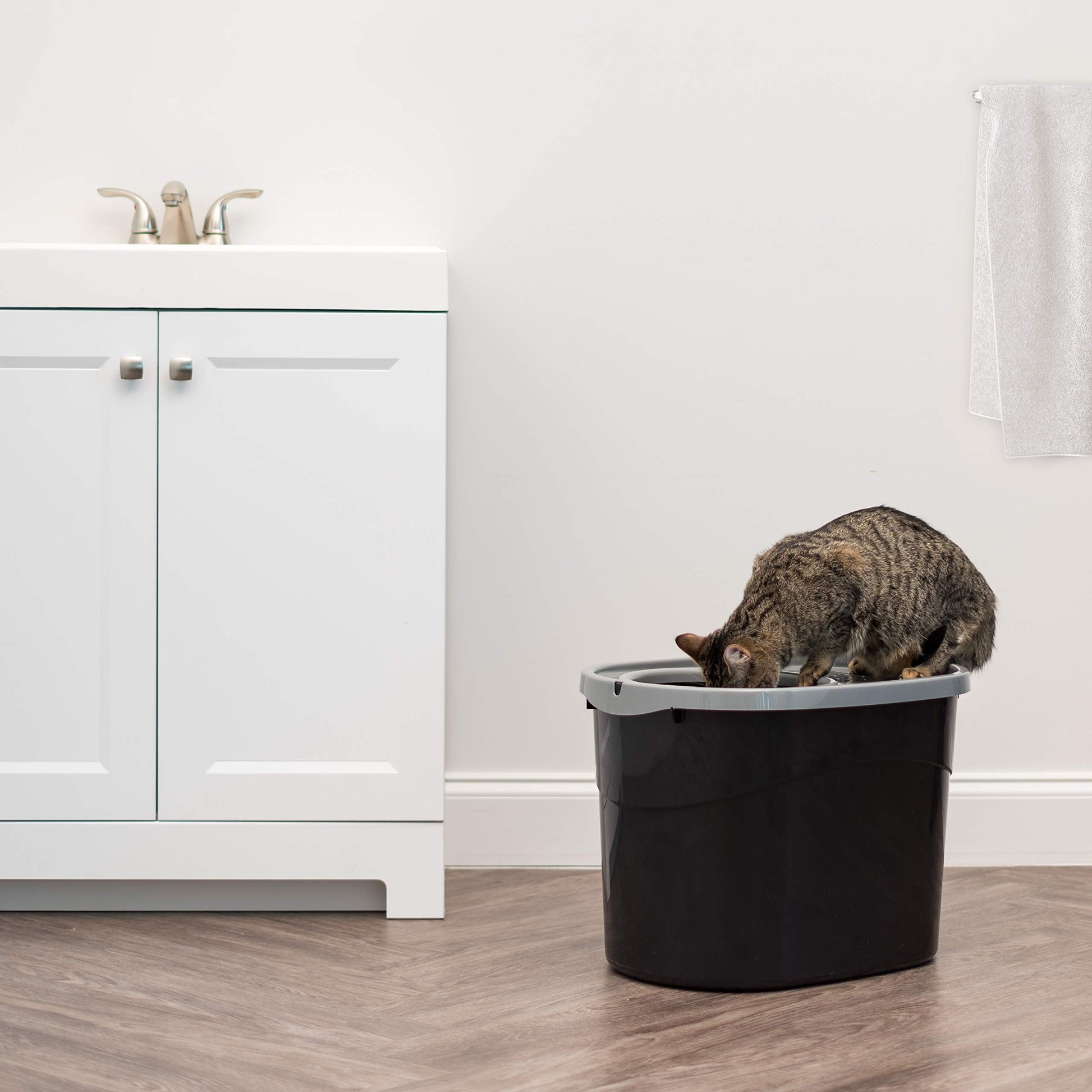 IRIS USA Arenero ovalado para gatos con entrada superior y pala, arenero para gatitos, caja de arena para gatos, grande, Negro/Gris