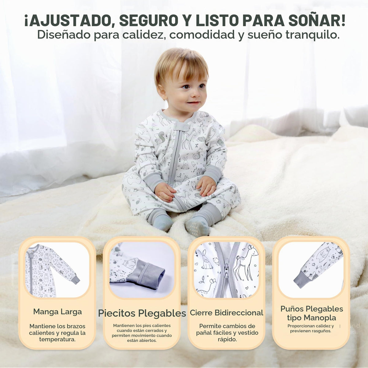 Saco de Dormir para Niños con Pies de Mama Cheetah, Saco de Dormir de Manga Larga 0.5 TOG de Algodón Orgánico para Bebés con Patas, Manta Portátil para Caminantes con Cremallera de 2 Vías, Manta para