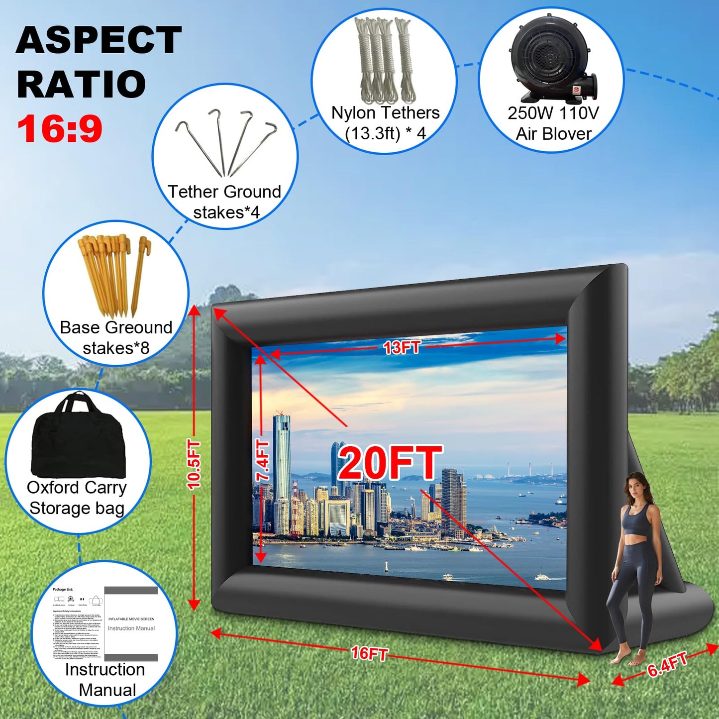 GYUEM Pantalla de Cine con proyector portátil Inflable de 20 pies, Enorme Paquete de Pantalla de proyección de Cine soplado por Aire con Cuerda, soplador, proyección Frontal y Trasera