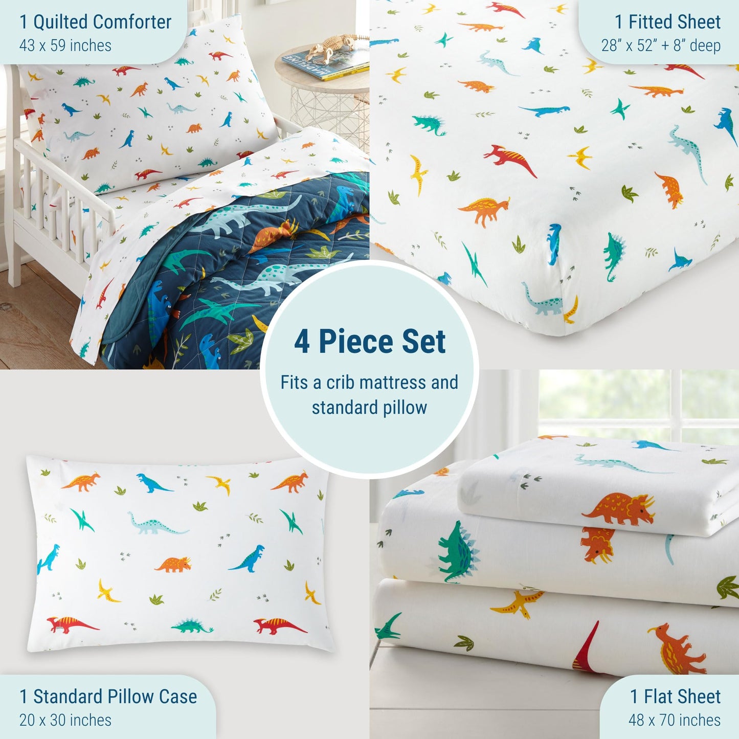 Wildkin - Cama Infantil de 4 Piezas en una Bolsa - Edredón de algodón, sábanas y Fundas de Almohada para Abrazos acogedores - Dinosaurios jurásicos