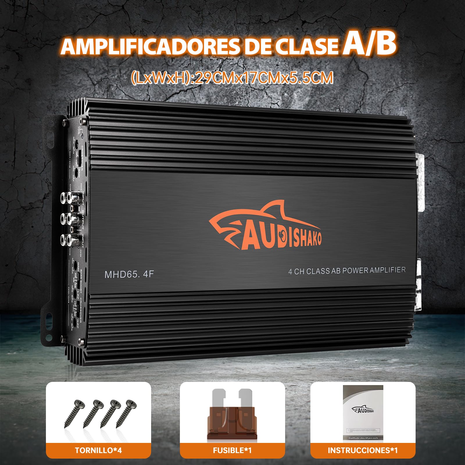 AUDISHAKO 1000W Amplificador de Audio de 4 Canales,Amplificador para Auto de Clase A/B, 2 Ohm 130W x 4 Canales para Motocicletas, Coches Deportivos y Otros Sistemas de Audio para Coche