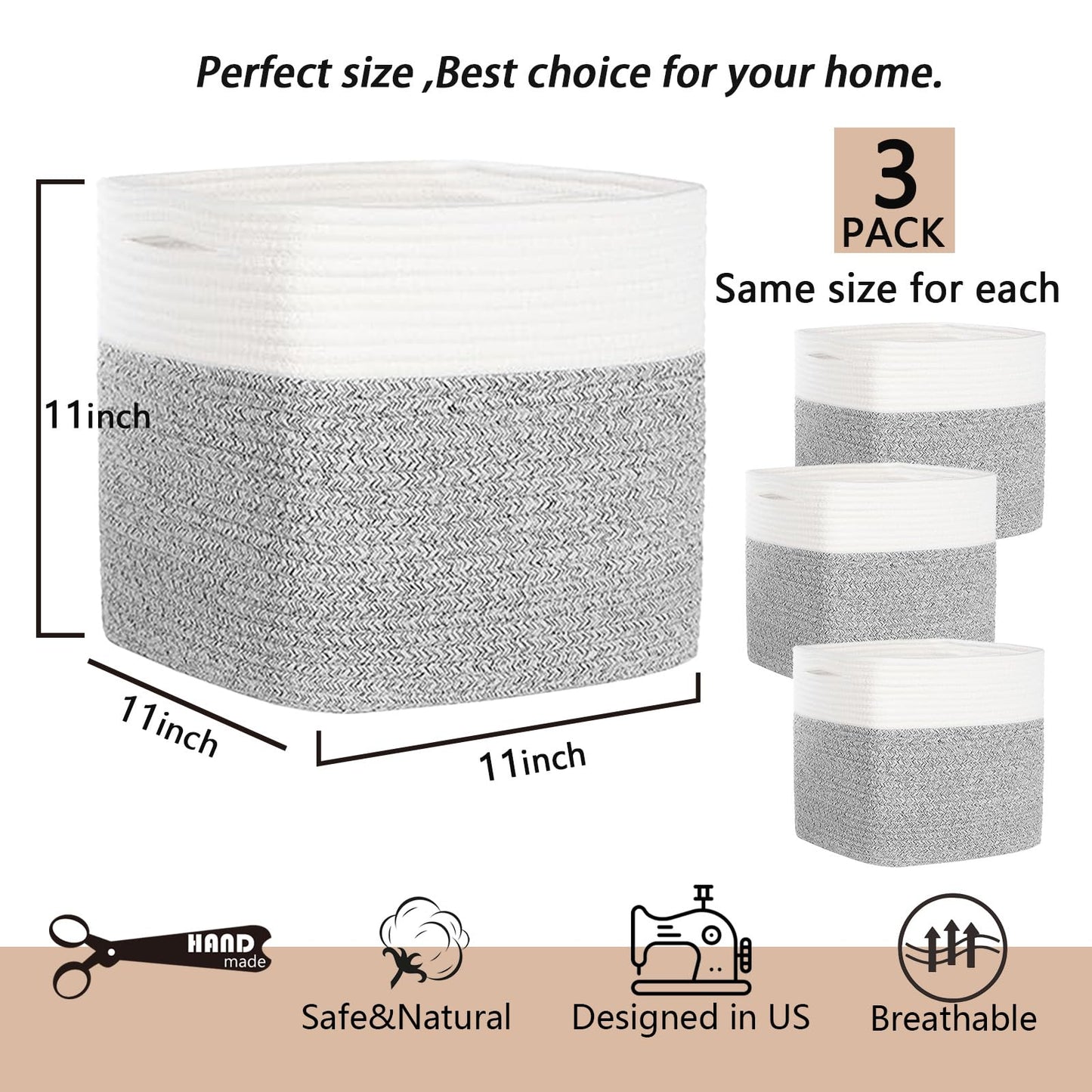 COMFY-HOMI - Paquete de 3 cestas cuadradas de cuerda de algodón con asas para estantes, cubeta de juguetes para perros y almacenamiento, regalo para bebé, organizador de zapatos, nuevo 11 x 11 x 11