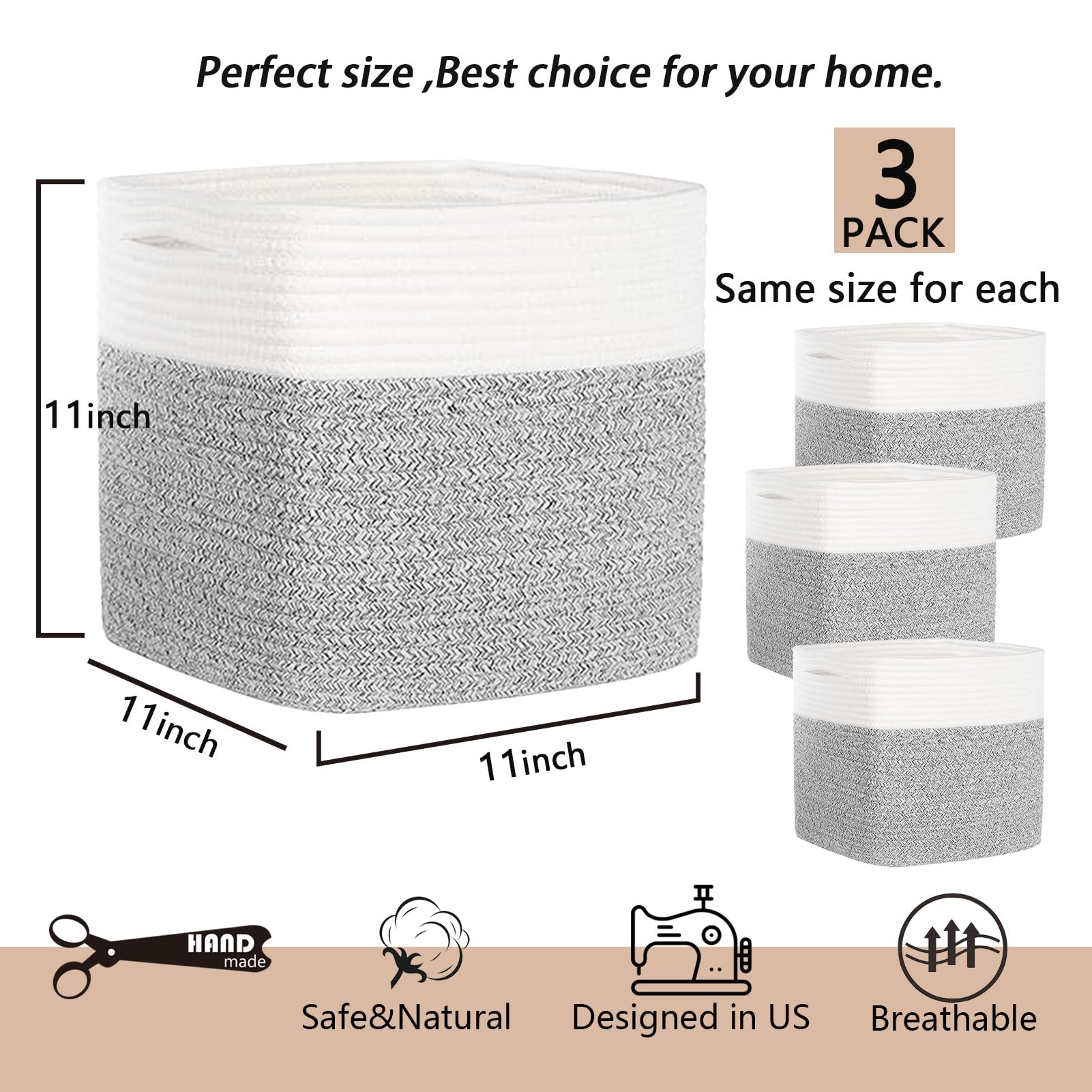 COMFY-HOMI - Paquete de 3 cestas cuadradas de cuerda de algodón con asas para estantes, cubeta de juguetes para perros y almacenamiento, regalo para bebé, organizador de zapatos, nuevo 11 x 11 x 11