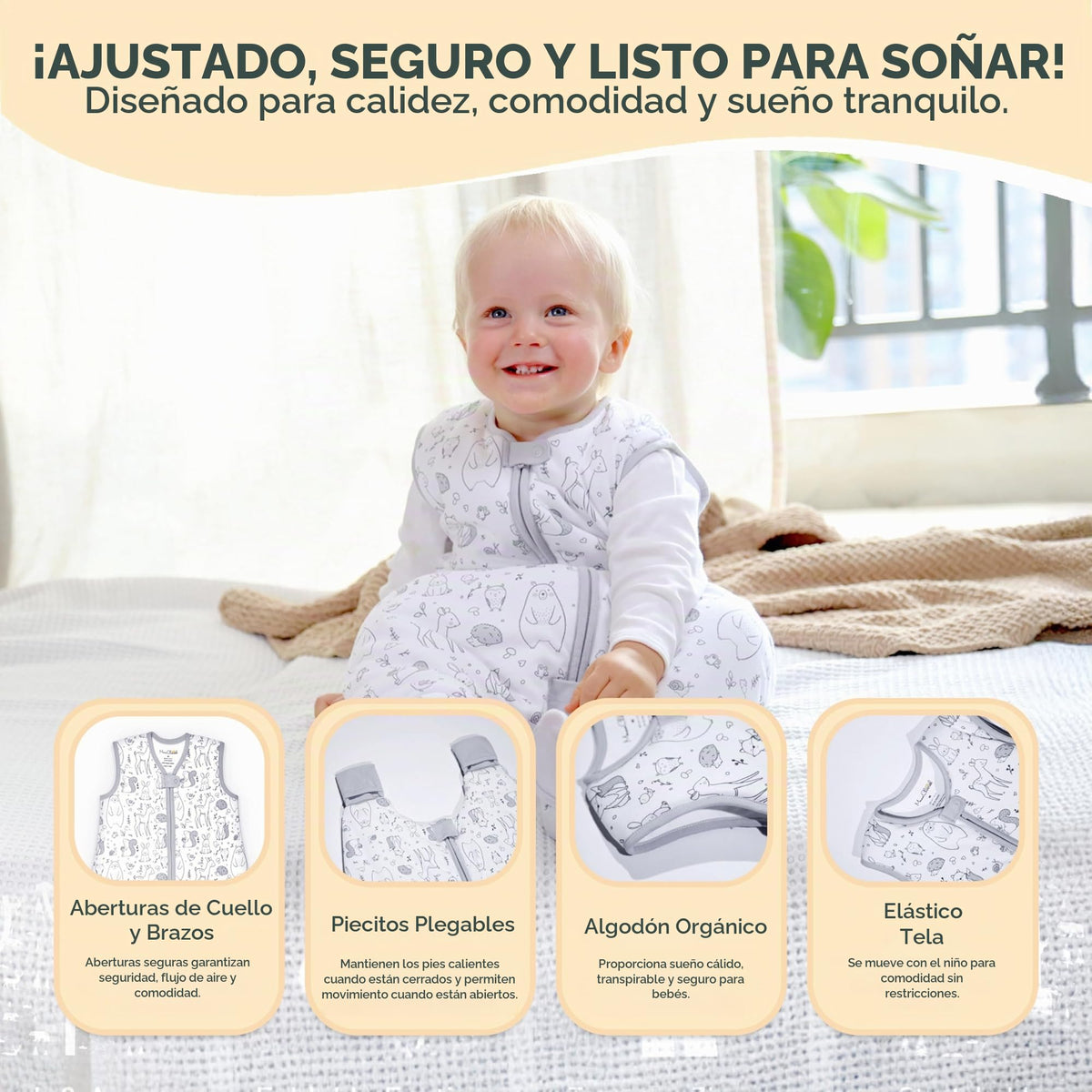 Mama Cheetah - Saco de dormir para niños pequeños con pies 3T-4T, 0.5 TOG de algodón orgánico para bebés con piernas, saco de dormir para caminantes, caminante temprano, talla L