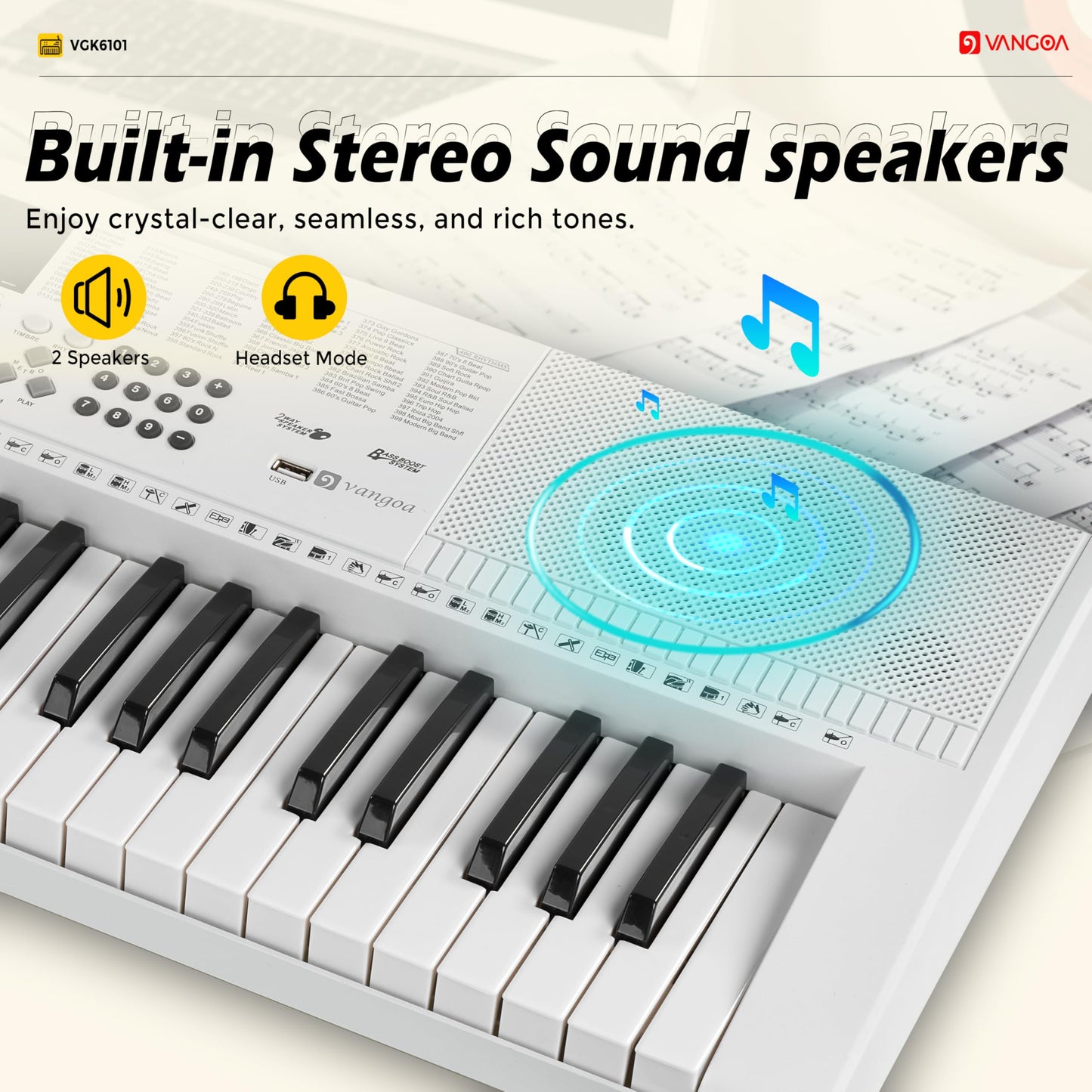 Teclado Vangoa VGK6101 Negro con Teclas Iluminadas para Principiantes