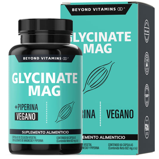Glicinato de Magnesio Quelado | 20-100% mayor aporte de Magnesio por porción | Fortalecido con Piperina al 95% para mejor biodisponibilidad | 2400mg Glycinate Magnesium Beyond Vitamins | Suplemento Alimenticio Vegano - Ingredientes NON GMO (60 Cápsulas)