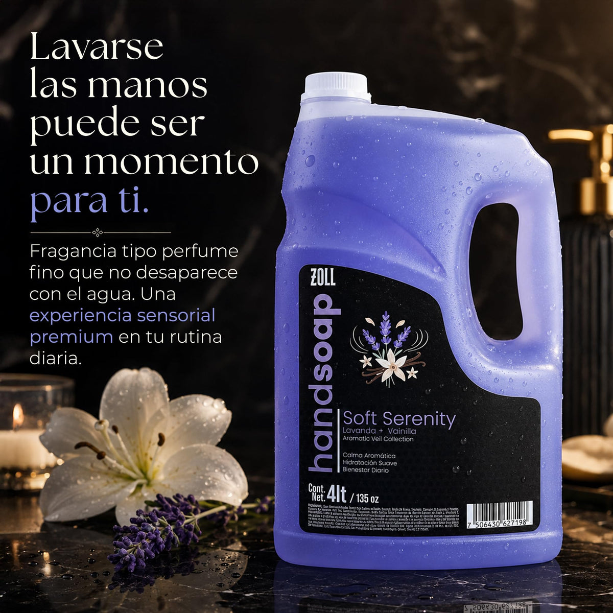 ZOLL Jabón Líquido para Manos - Soft Serenity Lavanza + Vainilla - Fragancia Premium Tipo Perfume - Larga Duración - Fórmula Espumante Hidratante - Limpieza Sofisticada para Uso Diario