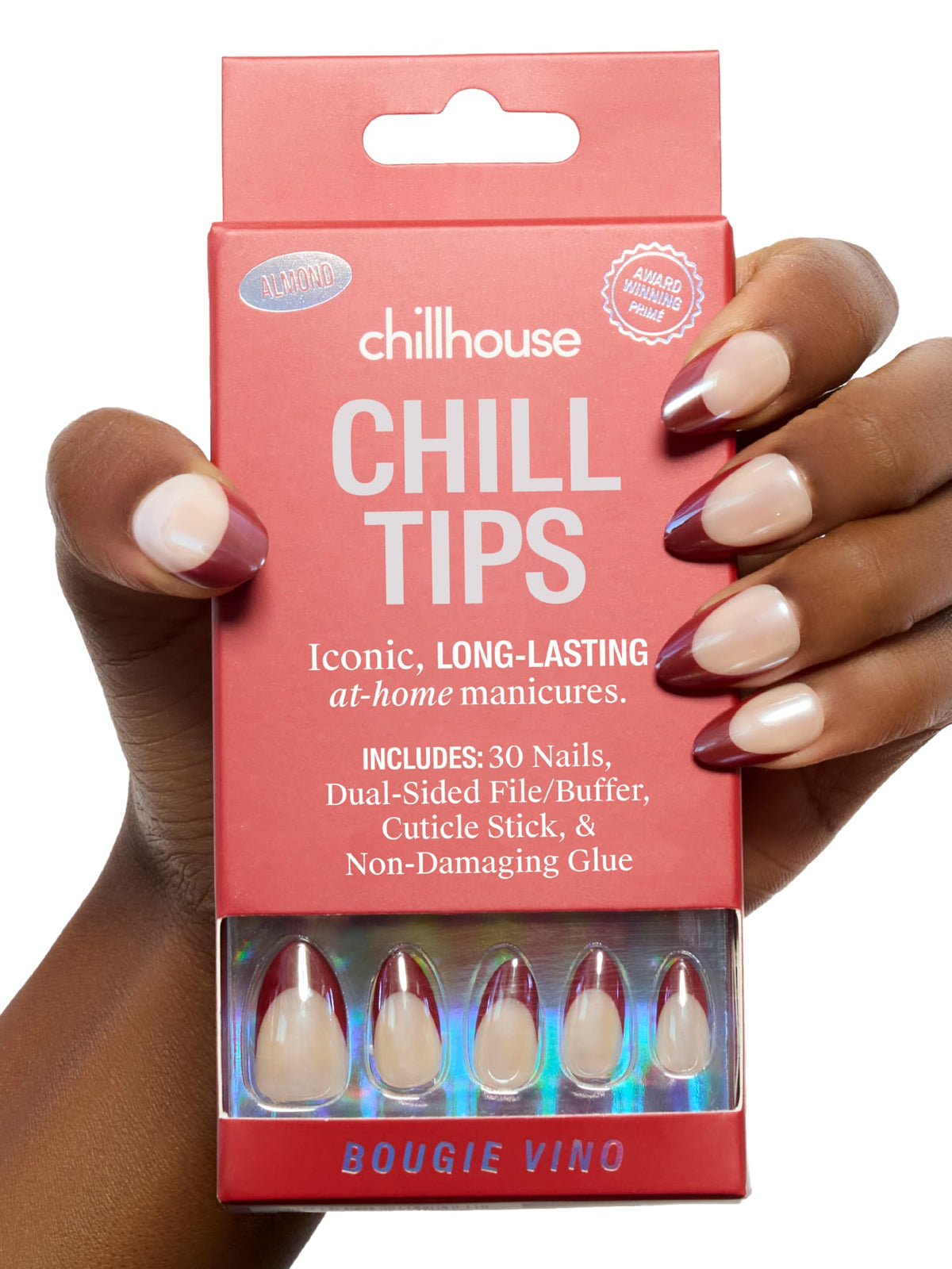 Chillhouse - Kit de uñas postizas Chill Tips con punta francesa - Bougie Vino (Almendra) - 30 formas y tamaños de uñas - 2 semanas de duración - Ajuste personalizable - Kit de manicura francesa - Para