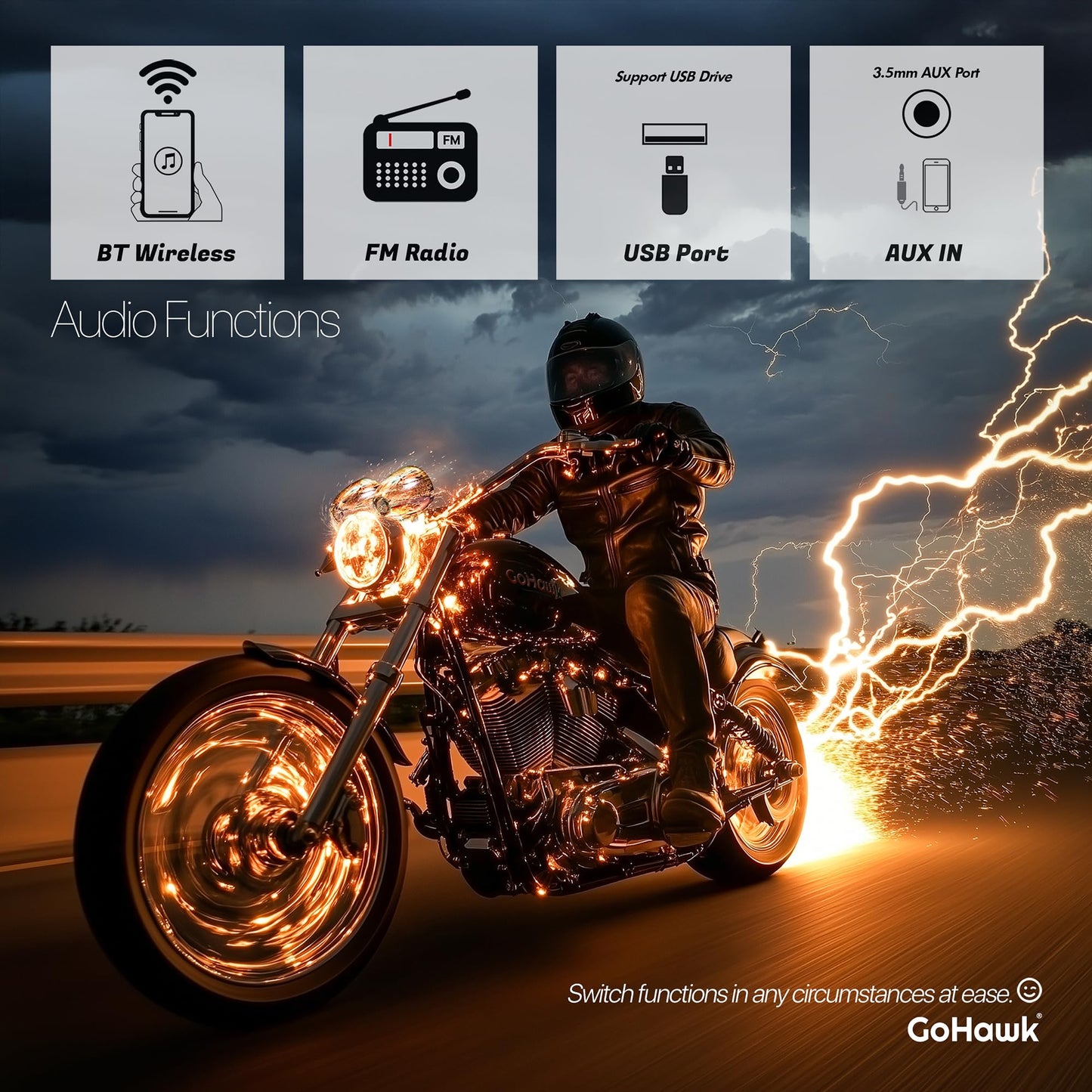 GoHawk - Altavoces Bluetooth para motocicleta, sistema de audio con amplificador de 4.1 canales impermeable de 4.1 canales con altavoces de 4.25 pulgadas | Estéreo de música montado en el manubrio