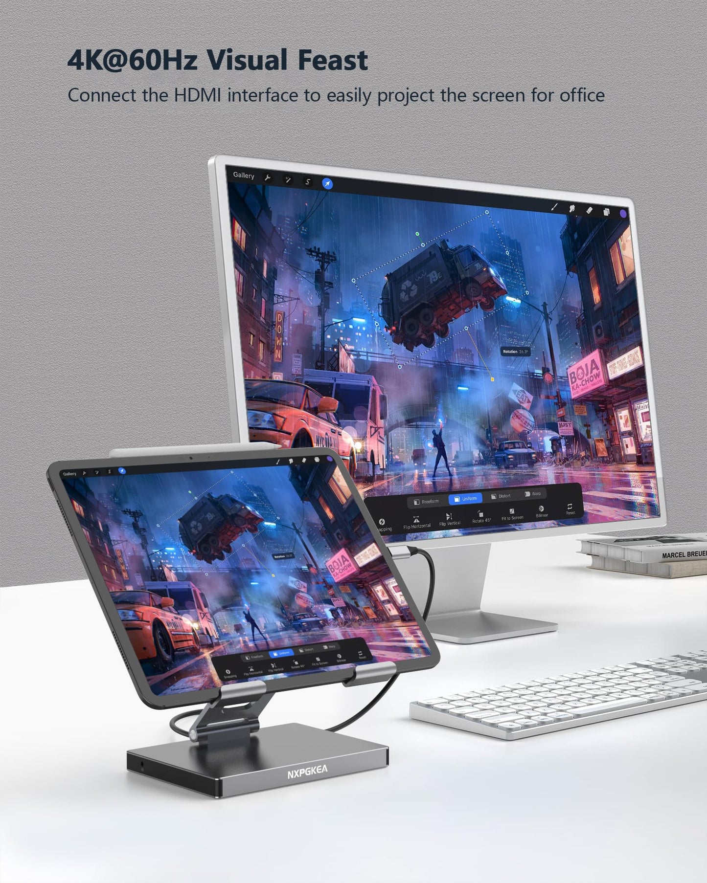 iPad Pro USB C Hub Stand, 9-in-1 Adapter for iPad Pro M4 M2 13 12.9 11 Inch Docking Station Foldable with 4K 60Hz HDMI, RJ45 Gigabit Ethernet, SD/TF Card Reader, 3 USB 3.0, 3.5 mm Audio, iPad Air