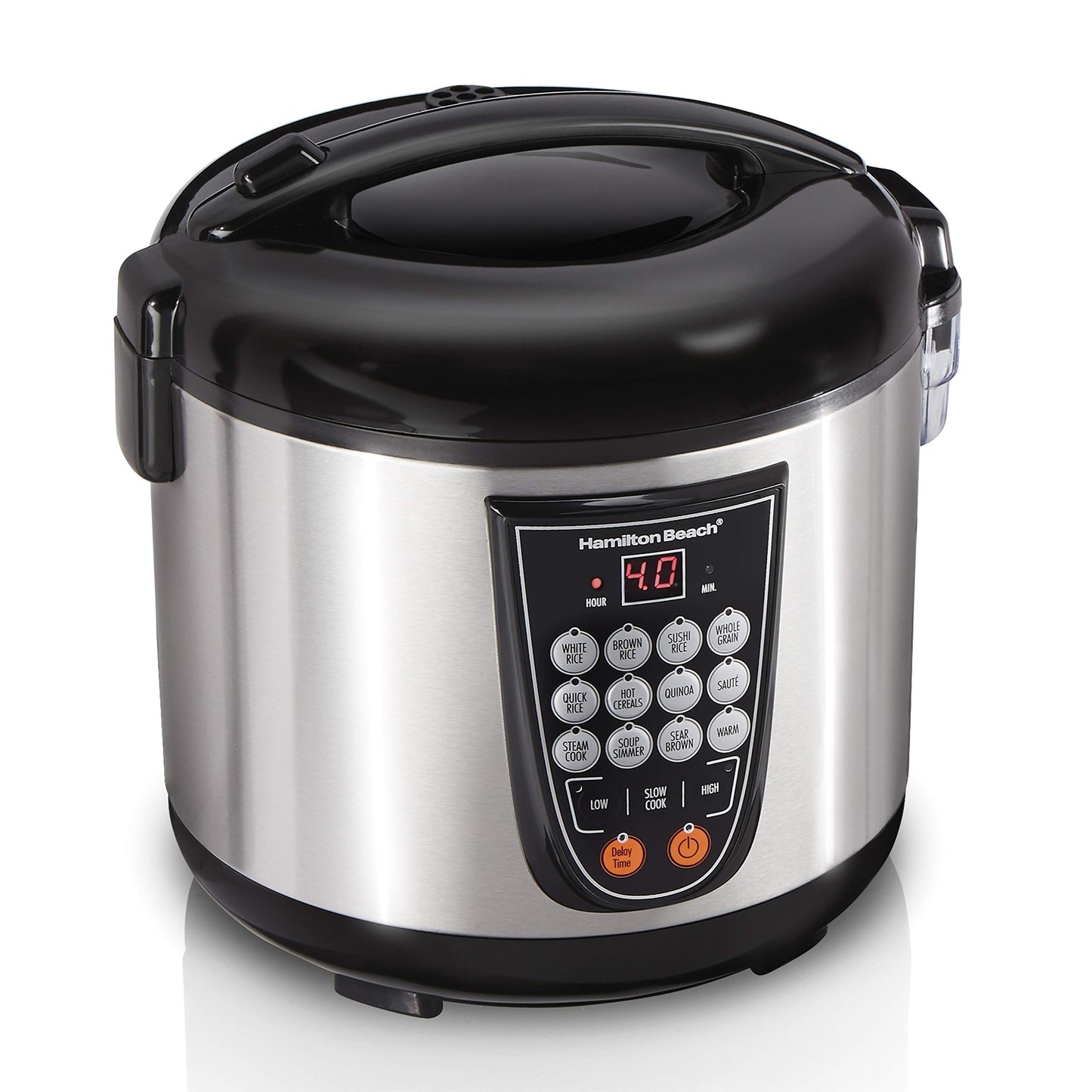 Hamilton Beach - Arroz digital programable y vaporizador de alimentos, 20 tazas cocidas (10 tazas sin cocinar), 14 ajustes preprogramados para saltear cereal caliente, sopa, olla antiadherente, acero