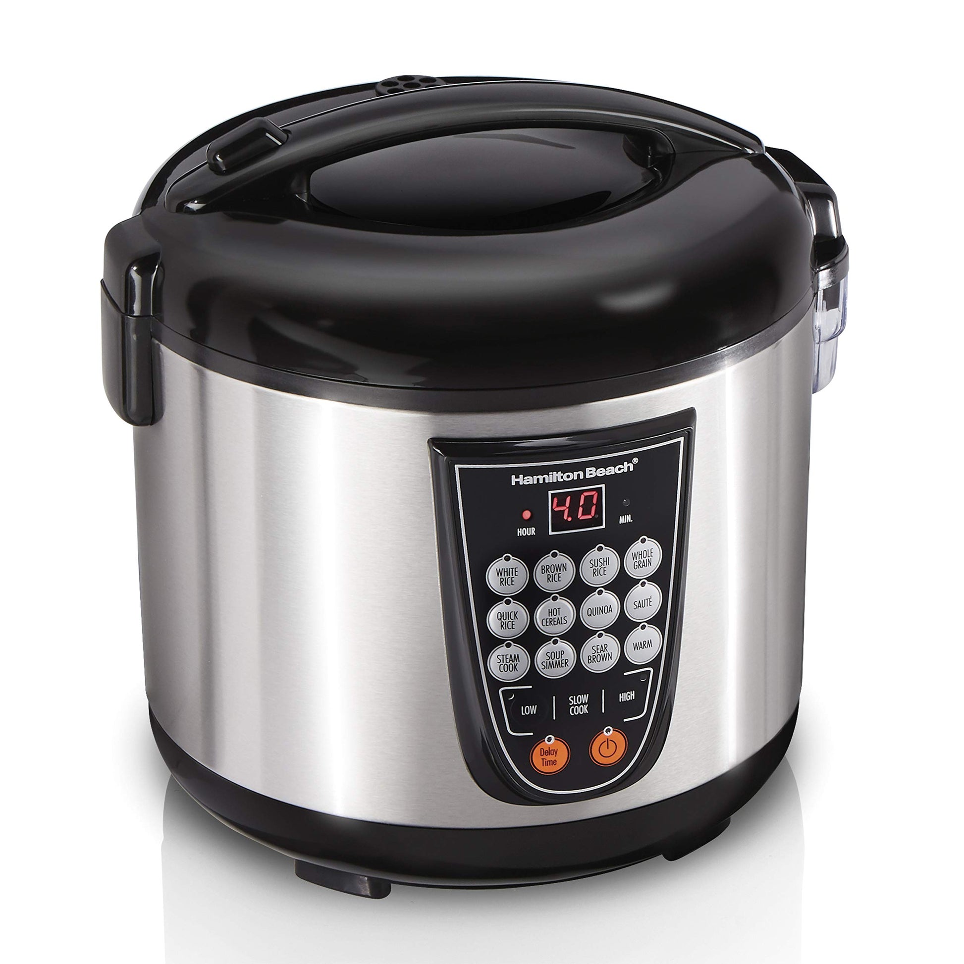 Hamilton Beach - Arroz digital programable y vaporizador de alimentos, 20 tazas cocidas (10 tazas sin cocinar), 14 ajustes preprogramados para saltear cereal caliente, sopa, olla antiadherente, acero