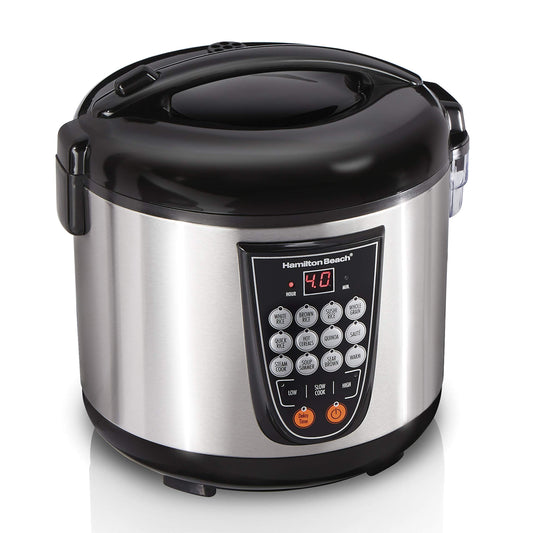 Hamilton Beach - Arroz digital programable y vaporizador de alimentos, 20 tazas cocidas (10 tazas sin cocinar), 14 ajustes preprogramados para saltear cereal caliente, sopa, olla antiadherente, acero