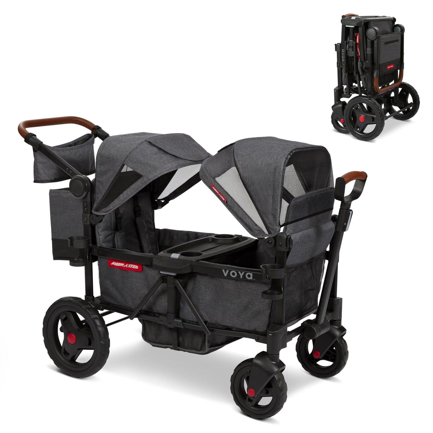 Carriola Vagón Radio Flyer Voya Gris con Asientos Doble Face-to-Face y Capota Ajustable para Protección UV