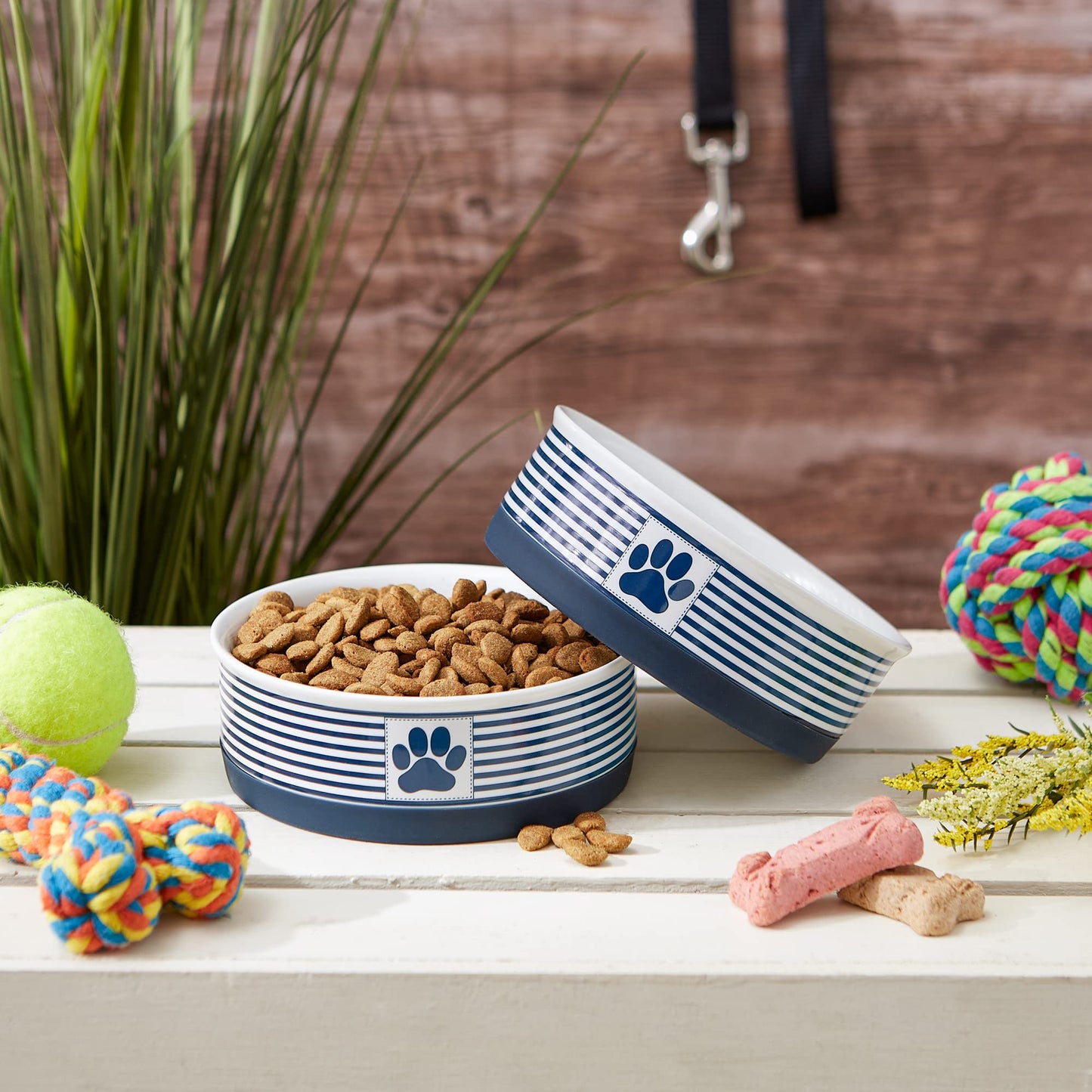 DII Bone Dry Paw Patch & Stripes Ceramic Pet Bowl for Food & Water with Non-Skid Silicone Rim for Dogs and Cats (Medium - 6" Dia x 2"H) Nautical Blue - Set of 2