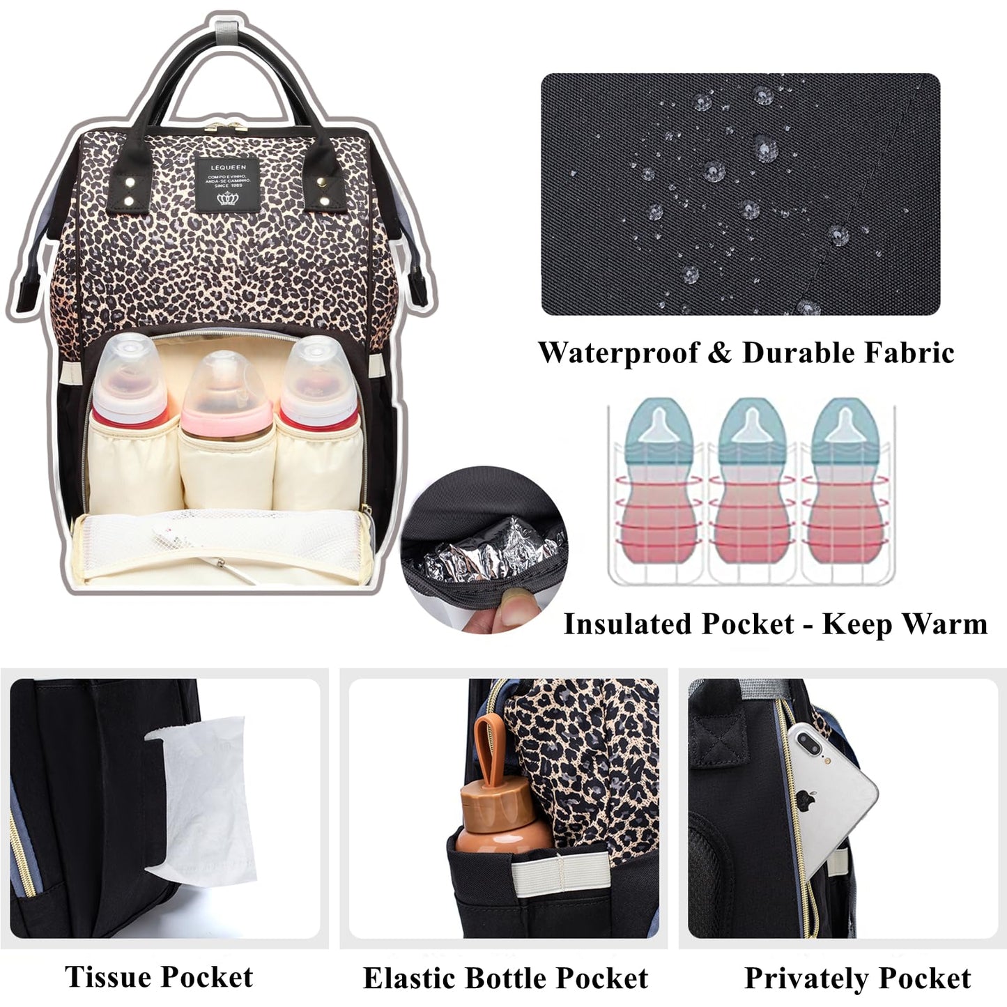 Bolsas de pañales con estampado de leopardo, multifuncional, bolsa de pañales para cuidado del bebé, mochila de viaje, gran capacidad, café