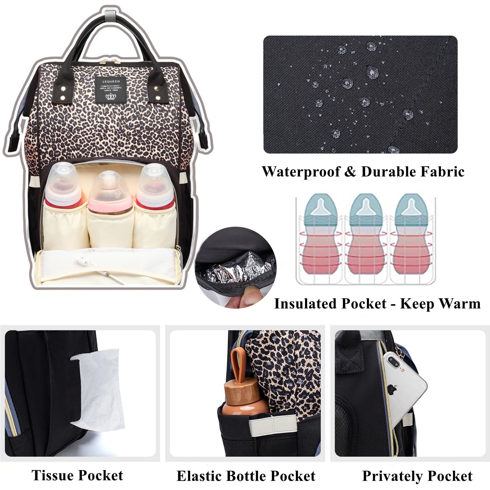 Bolsas de pañales con estampado de leopardo, multifuncional, bolsa de pañales para cuidado del bebé, mochila de viaje, gran capacidad, café
