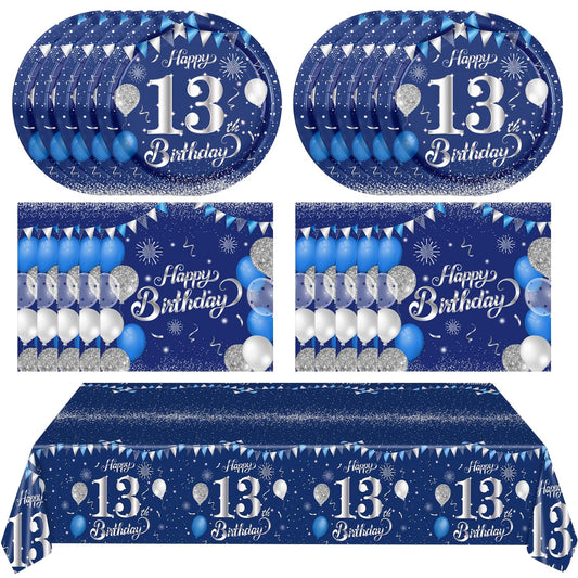 Decoraciones de cumpleaños número 13 para niño y niña, decoración oficial de vajilla 13, color azul marino, platos de cumpleaños plateados, servilletas, mantel para adolescentes, 13 años de edad,