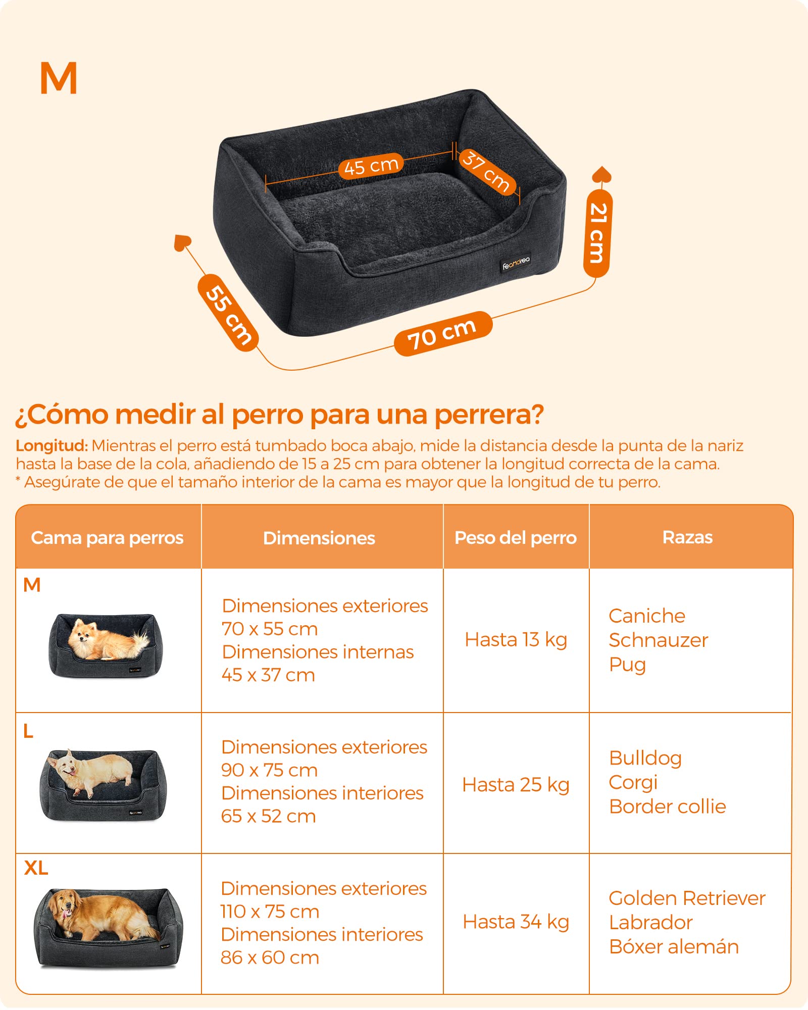 Feandrea Cama para Perros, Sofá para Mascotas, 70 x 55 x 21 cm, Bordes Elevados, M, para Perros Pequeños, Gris Oscuro MPGW010G01