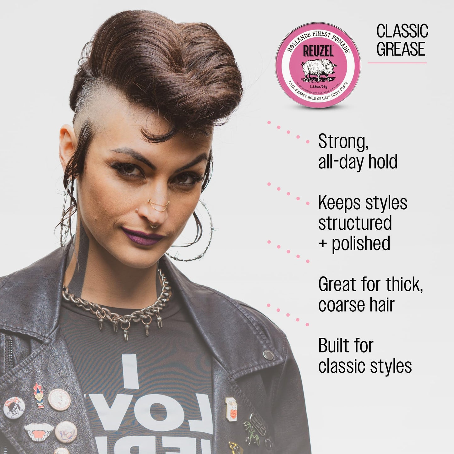 Reuzel Pink Pomade Grease 95 g Pomada para Cabello Base Aceite, Fijación Fuerte, Brillo Medio, Ideal para Cabello Grueso y Rizado