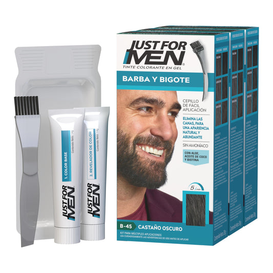 Just For Men Tinte Colorante en Gel para Barba y Bigote,Castaño Oscuro B45,Sin Amoníaco, Con Cepillo De Fácil Aplicación, Paquete de 3, 66ml