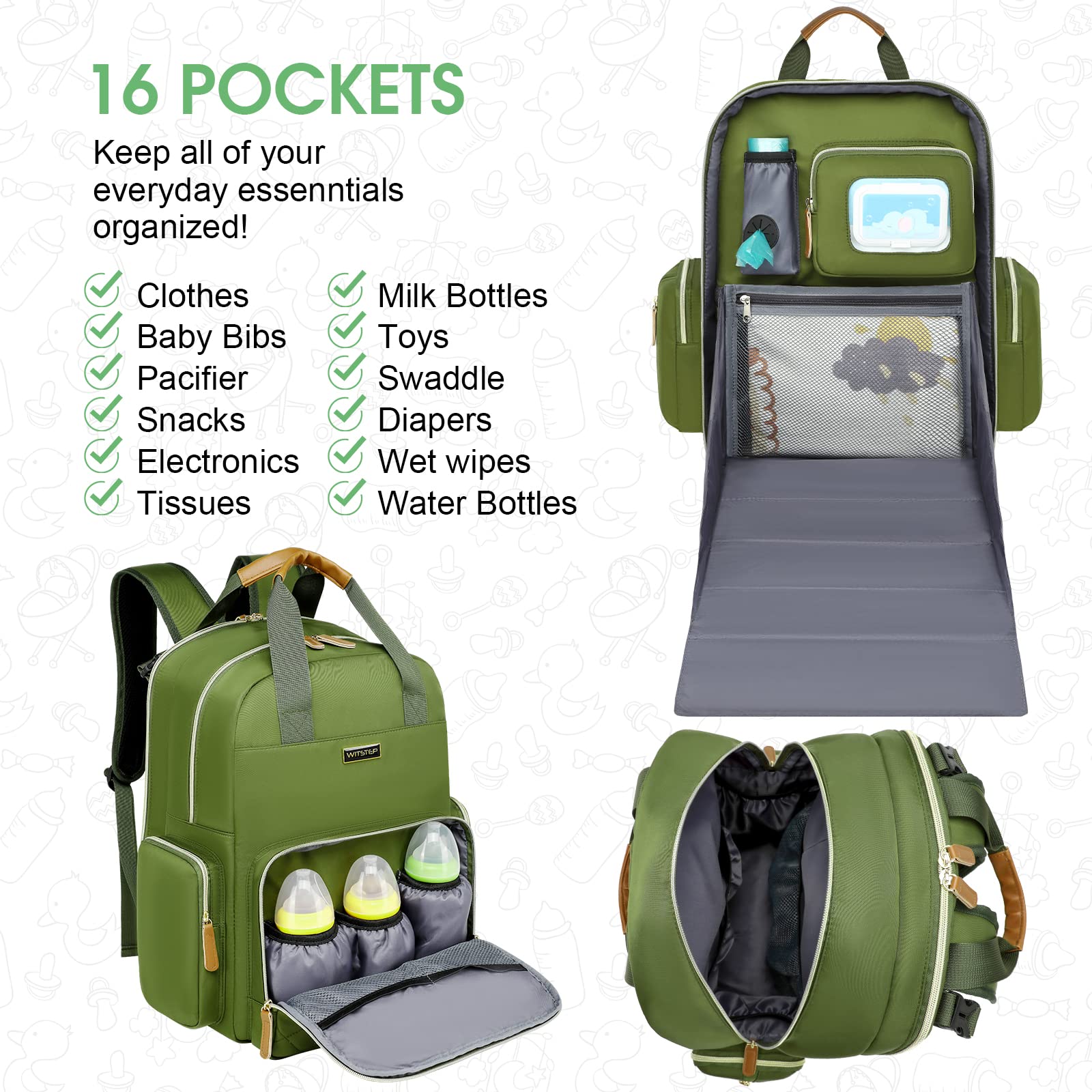 WITSTEP - Mochila para pañales con estación de cambio, organizador de pañales para bebés, para mamás, papás, bolsas grandes para cambiar de bebé, Verde, Mediano, Mochila para pañales con cambiador