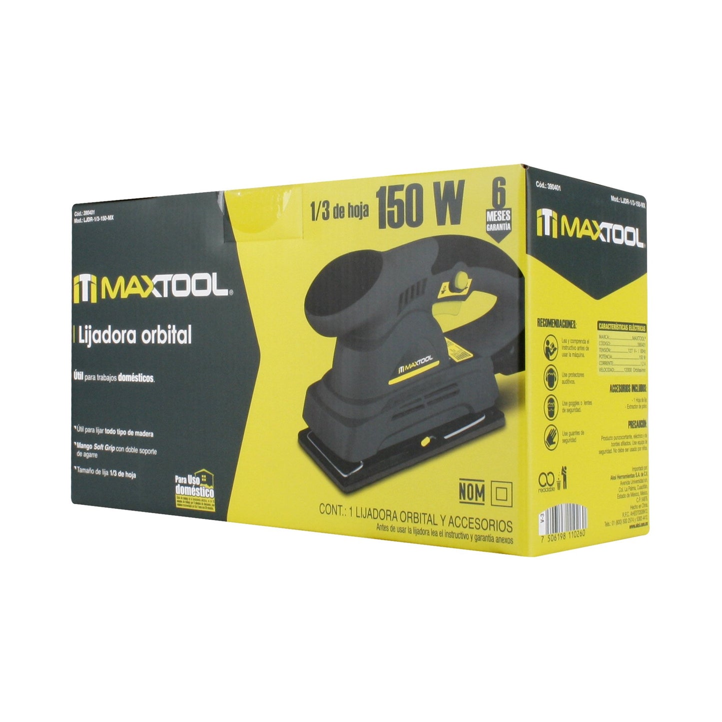 Lijadora Orbital MAXTOOL 150 W Doméstica con Empuñadura Ergonómica para Madera, Yeso y Metal