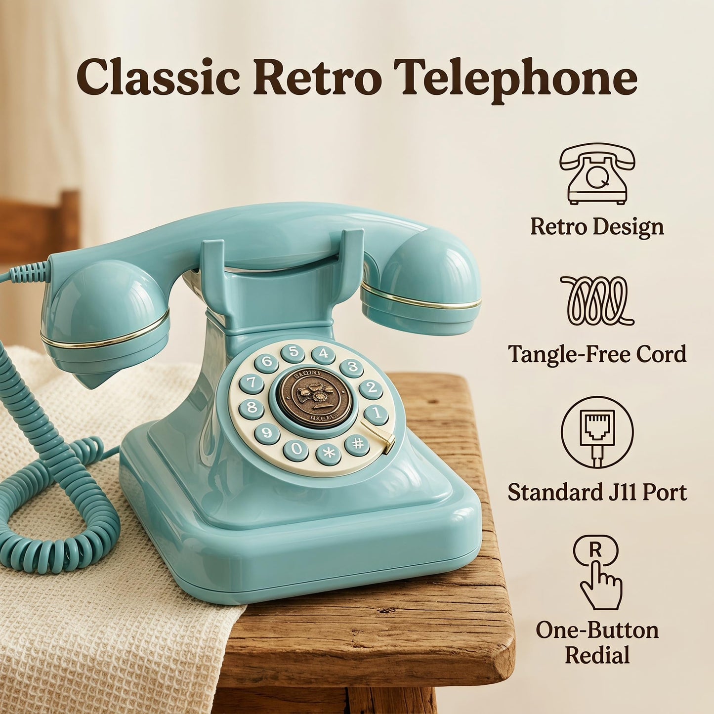 Teléfonos de teléfono fijo retro azul, teléfono clásico con cable con timbre fuerte y remarcación, teléfono de computadora clásico para el hogar, oficina, hotel, escuela, teléfono antiguo decorativo