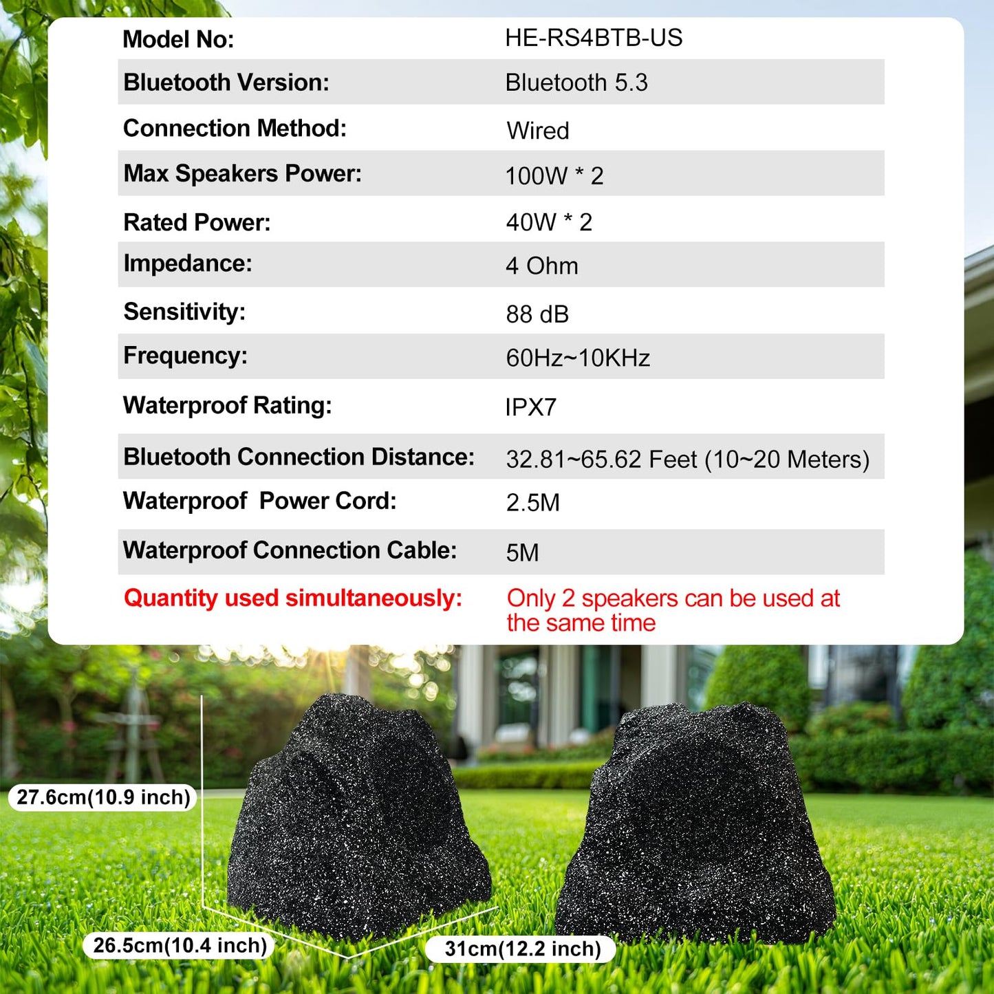 Herdio Outdoor Rock Lot de 2 altavoces Bluetooth resistentes al agua IPX7 de 200 W en resina para terraza, piscina, jardín, barbacoa