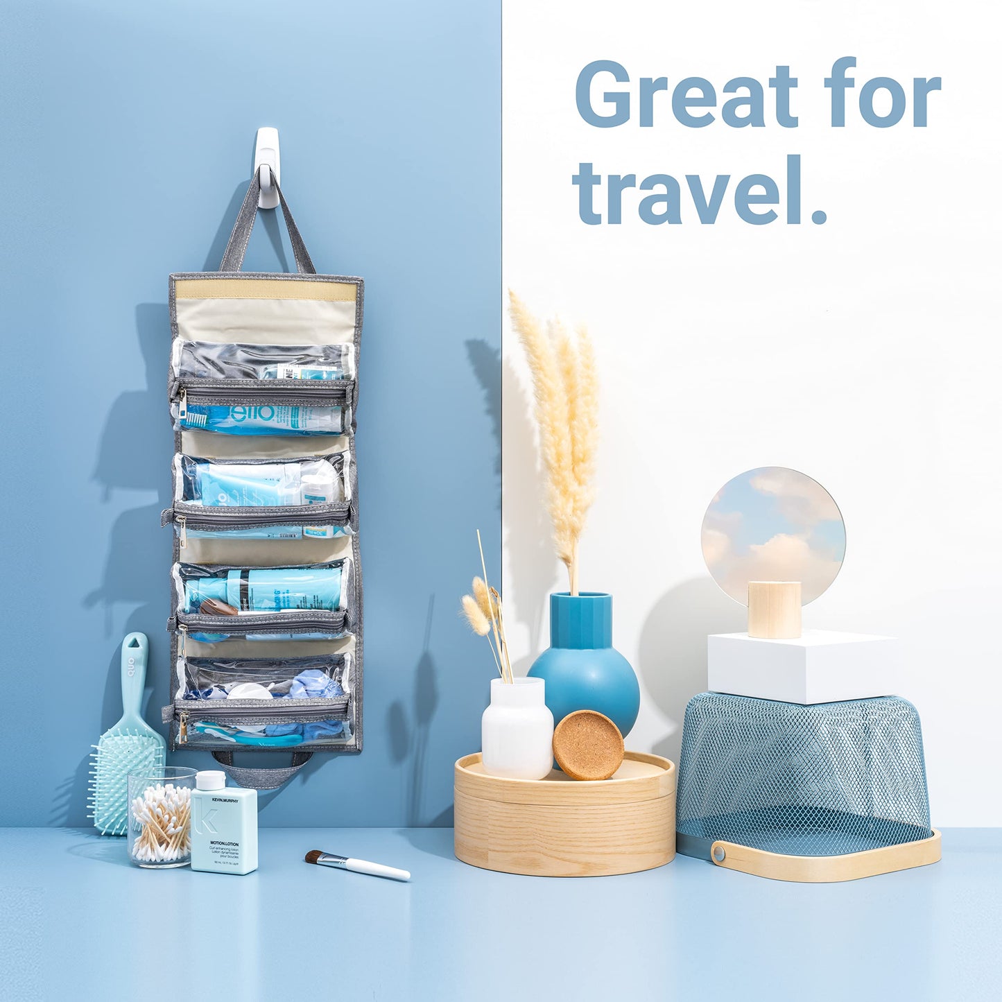 4 Kits Organizador de maquillaje enrollable para colgar y bolsa de viaje - 4 bolsas de aseo extraíbles Cremalleras de alta calidad