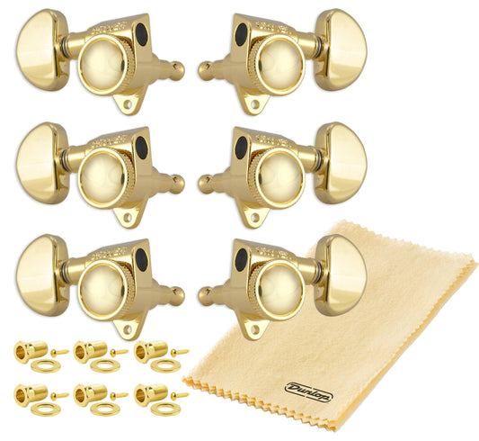 Grover 502G ROTO-GRIP - Juego de afinadores de guitarra rotomática, juego de afinación 3+3 18:1, teclas de afinación doradas, botón de riñón, tonebird Dunlop, paquete de tela pulida, cabezales de
