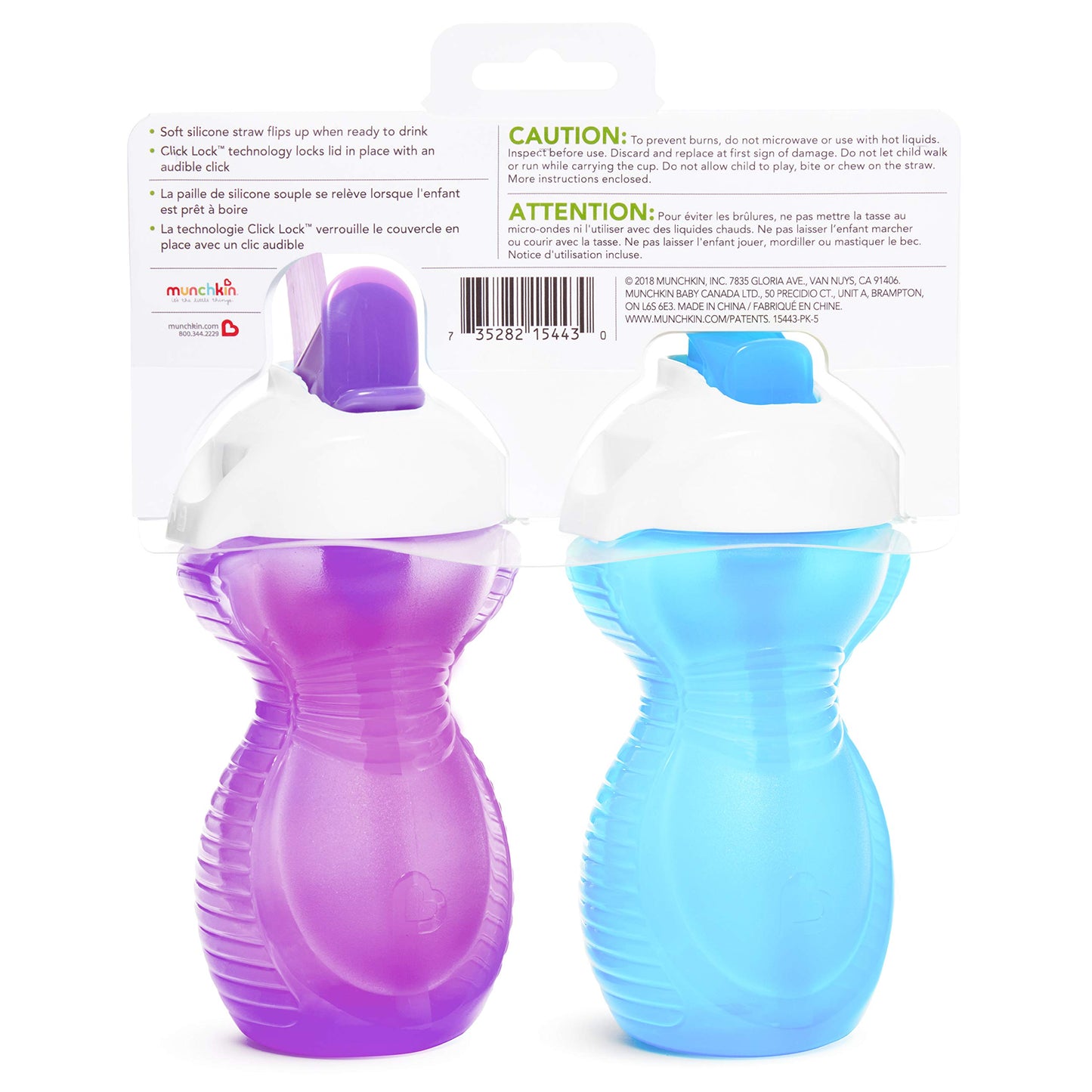 Munchkin® Click Lock™ - Taza para beber con pajita para niños pequeños, 9 onzas, paquete de 2, azul/morado