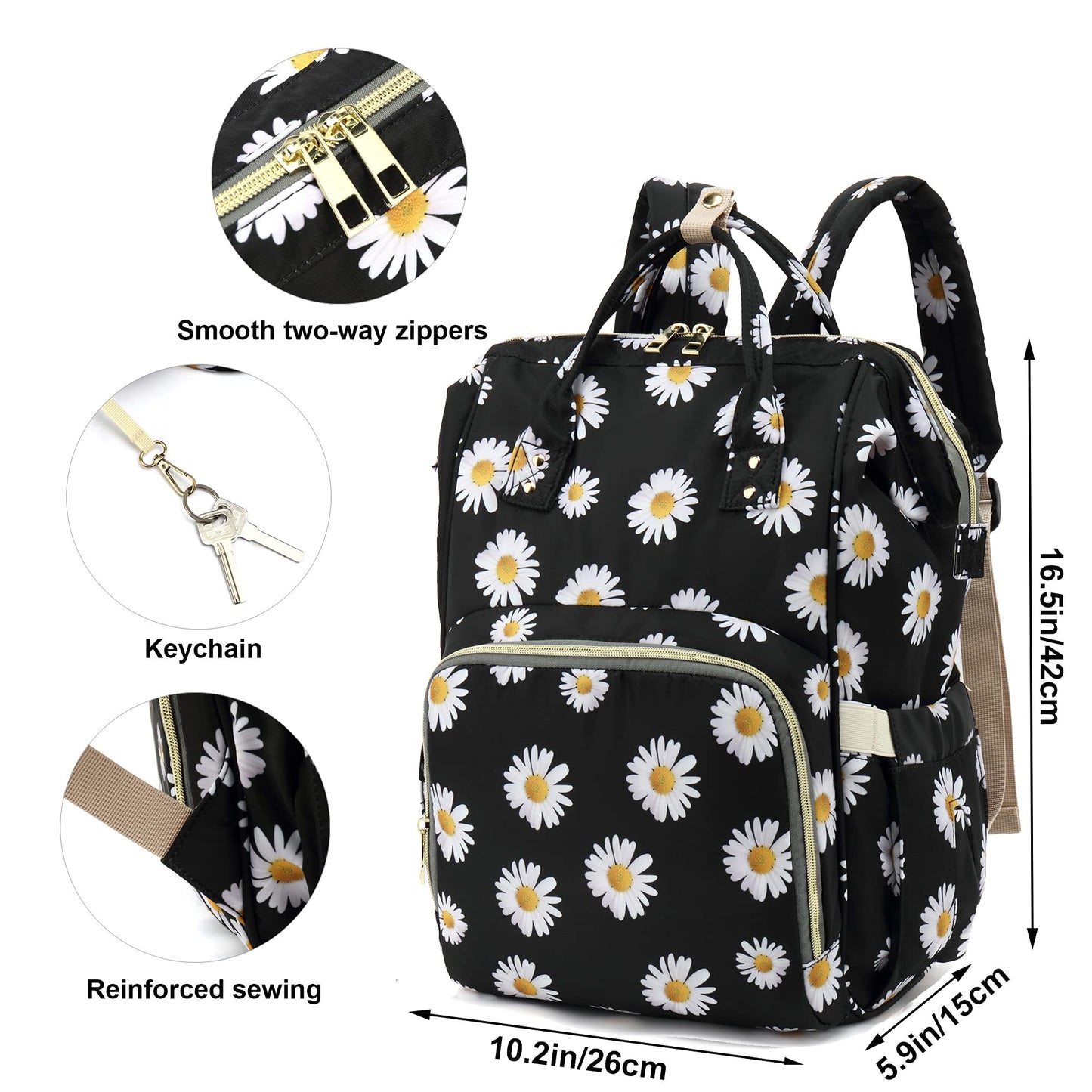 Mochila floral para pañales para bebés, niñas y niños, Yusudan Flowers Mom Pañales para mujeres (margarita negra)