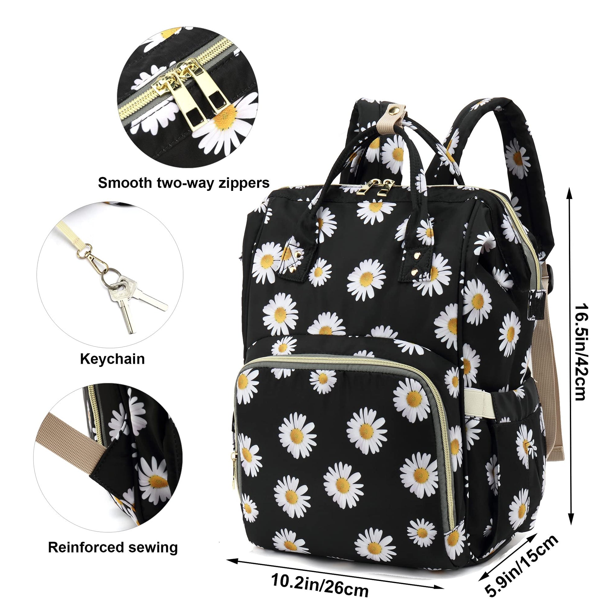 Mochila floral para pañales para bebés, niñas y niños, Yusudan Flowers Mom Pañales para mujeres (margarita negra)