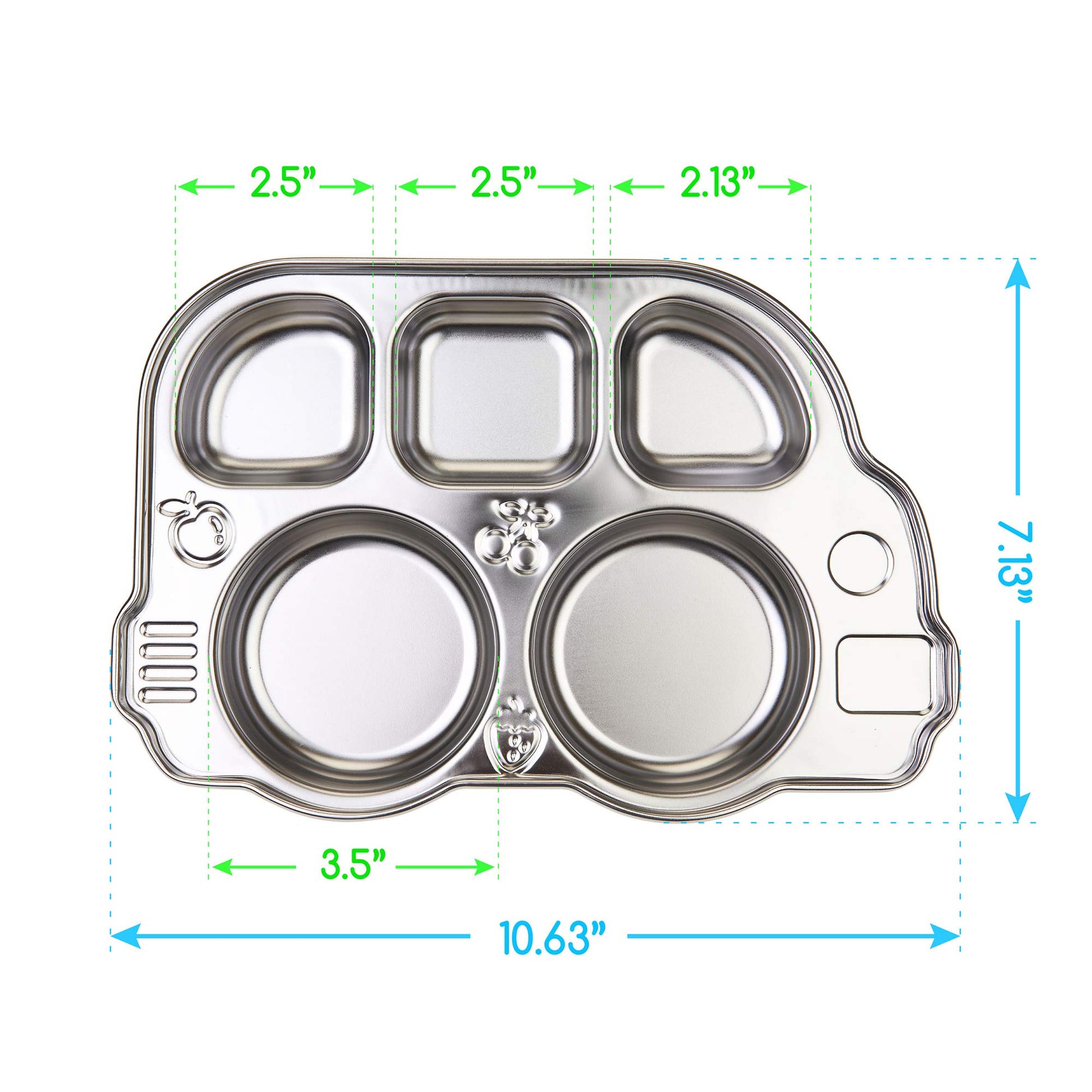 Innobaby - Placa de autobús de acero inoxidable con tapa seccional, original y resistente a fugas, placa dividida con forma divertida inventada para bebés, niños pequeños y niños, sin BPA, azul,