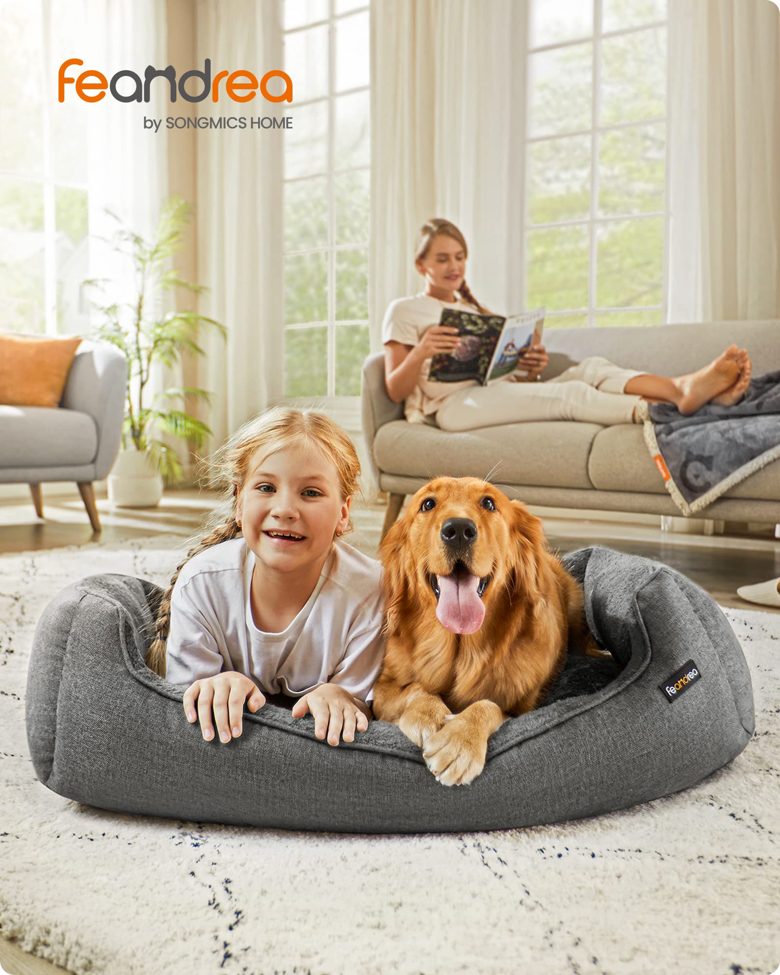 Feandrea Cama para Perros, Sofá para Mascotas, 110 x 75 x 27 cm, Bordes Elevados, XL, para Perros Grandes, Gris Claro MPGW12GG