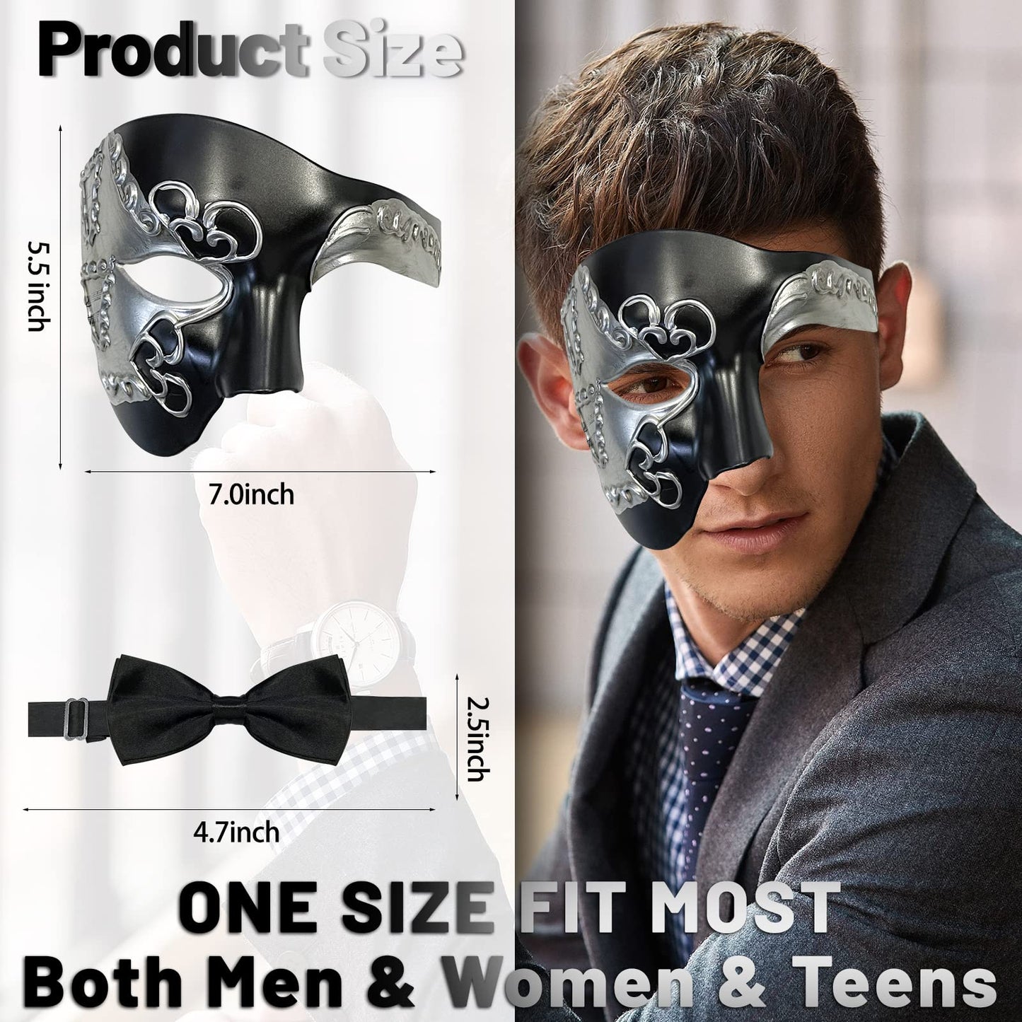 HyperFun Máscara de máscaras para hombre, fantasma de la ópera, máscara de media cara con corbatín, máscaras venecianas clásico para fiestas de disfraces/temáticas (oreja negra)