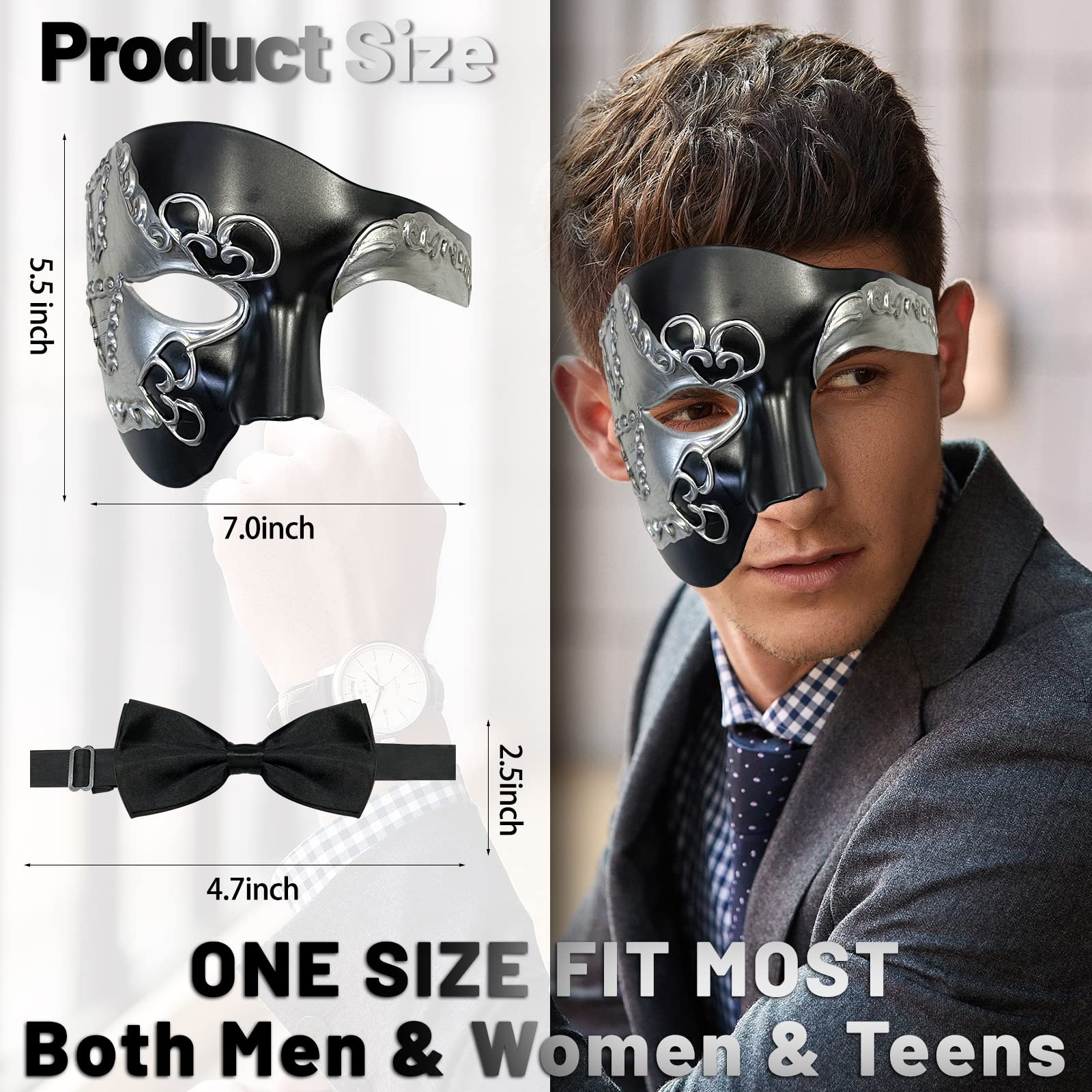 HyperFun Máscara de máscaras para hombre, fantasma de la ópera, máscara de media cara con corbatín, máscaras venecianas clásico para fiestas de disfraces/temáticas (oreja negra)