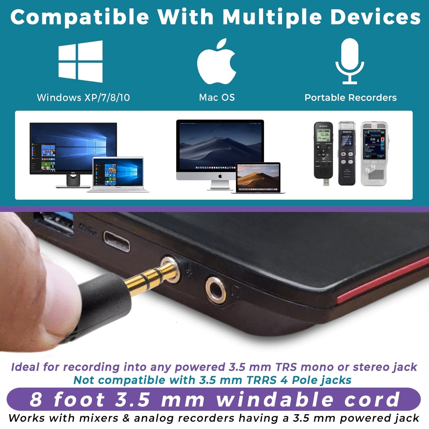 Micrófono Estéreo Omnidireccional ECS para PC 360° 3,5 mm TRS con Cadena Margarita