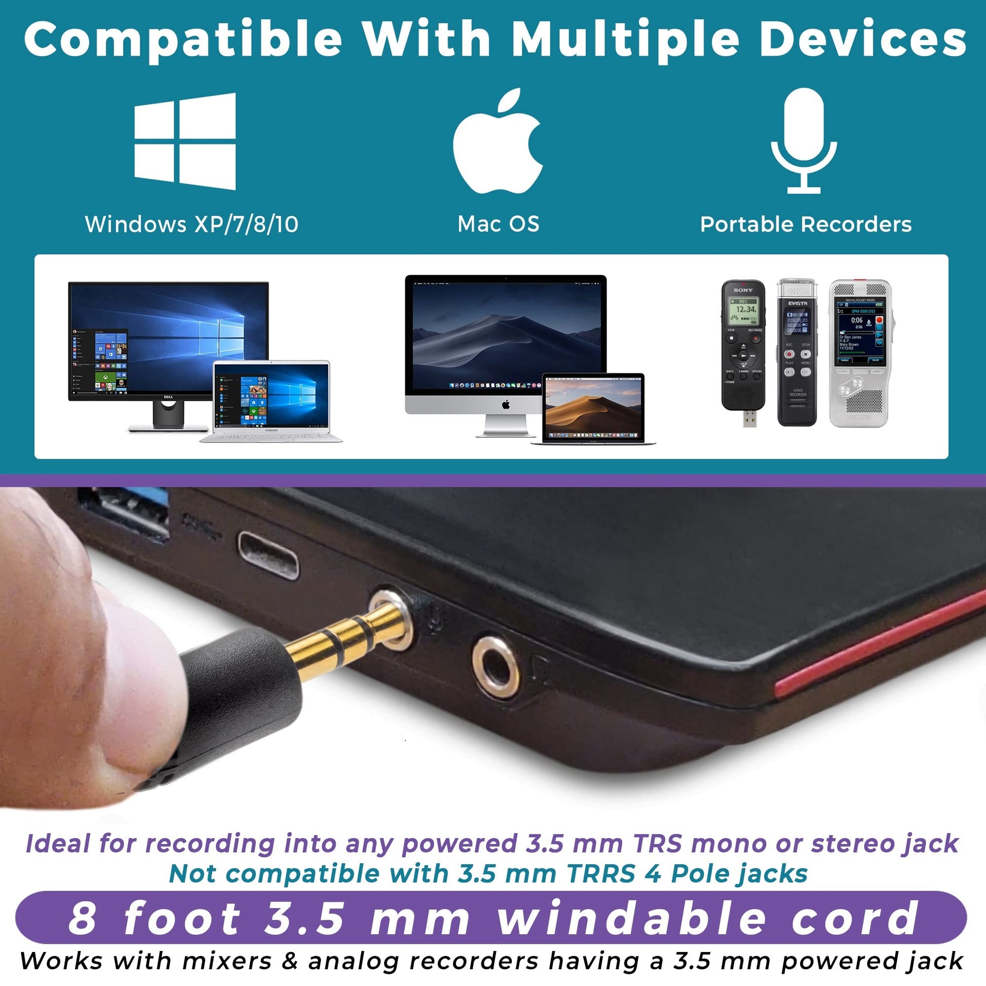 Micrófono Estéreo Omnidireccional ECS para PC 360° 3,5 mm TRS con Cadena Margarita