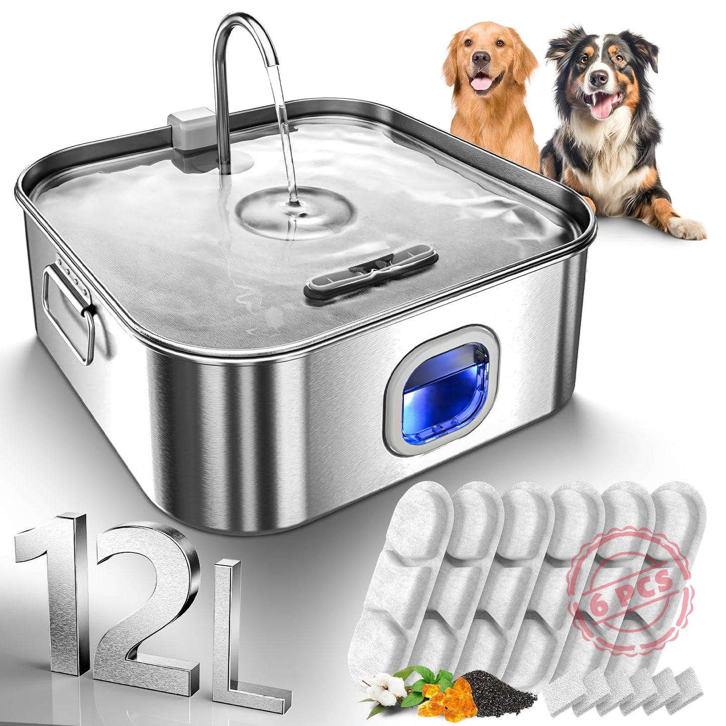 Fuente de agua para perros de acero inoxidable, 440 oz/3.2Gal/12L Fuente de agua grande para mascotas para perros grandes, dispensador de tazón de agua para perros con ventana de nivel de agua e