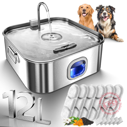 Fuente de agua para perros de acero inoxidable, 440 oz/3.2Gal/12L Fuente de agua grande para mascotas para perros grandes, dispensador de tazón de agua para perros con ventana de nivel de agua e