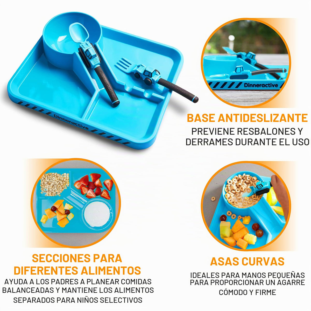Dinneractive - Juego de comedor para niños, 3 piezas con temática de construcción para niños y platos, tenedores y cucharas