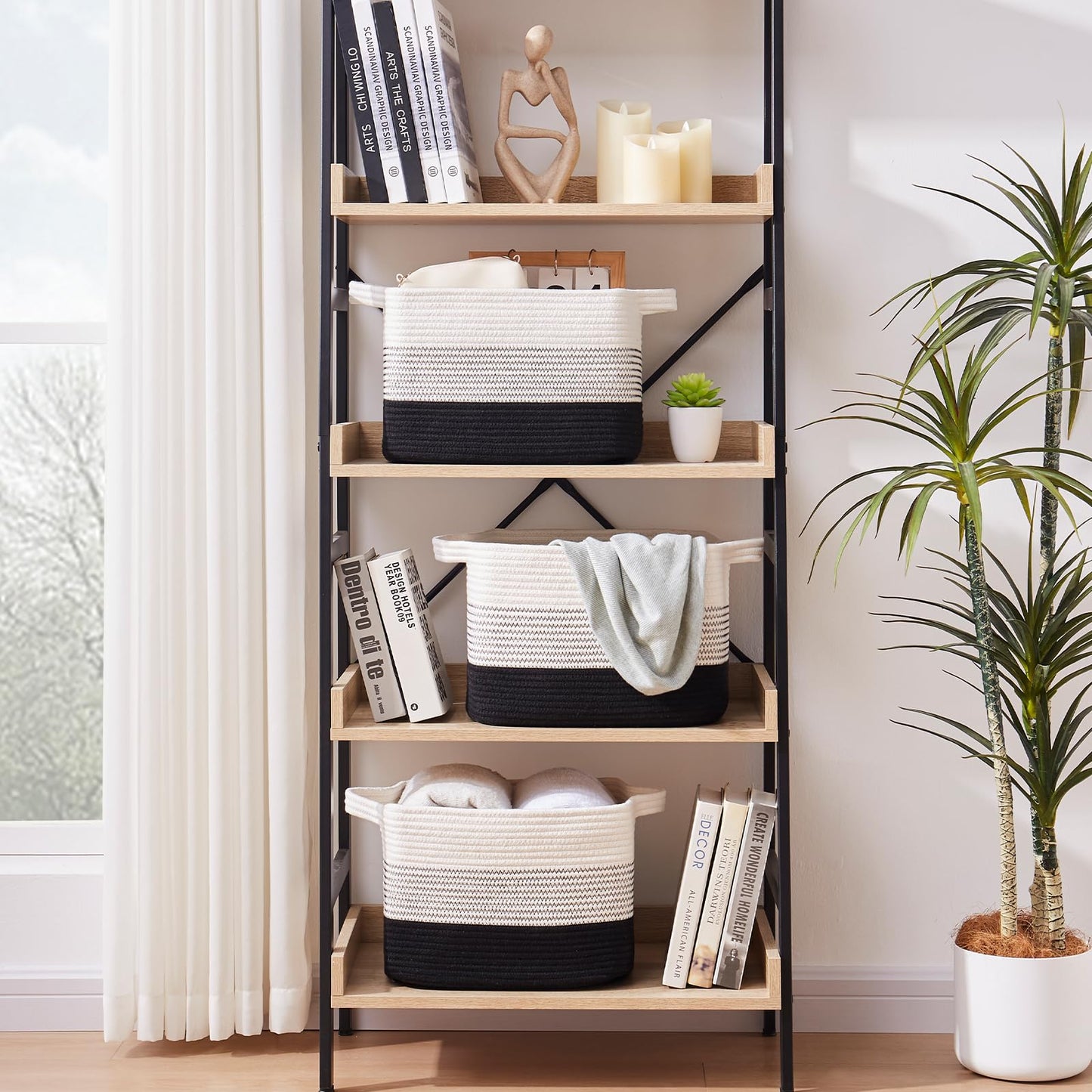 OIAHOMY Cesta de almacenamiento, cestas tejidas para almacenamiento, cesta de cuerda de algodón para juguetes, cestas de toallas para baño, paquete de 3, Degradado color negro