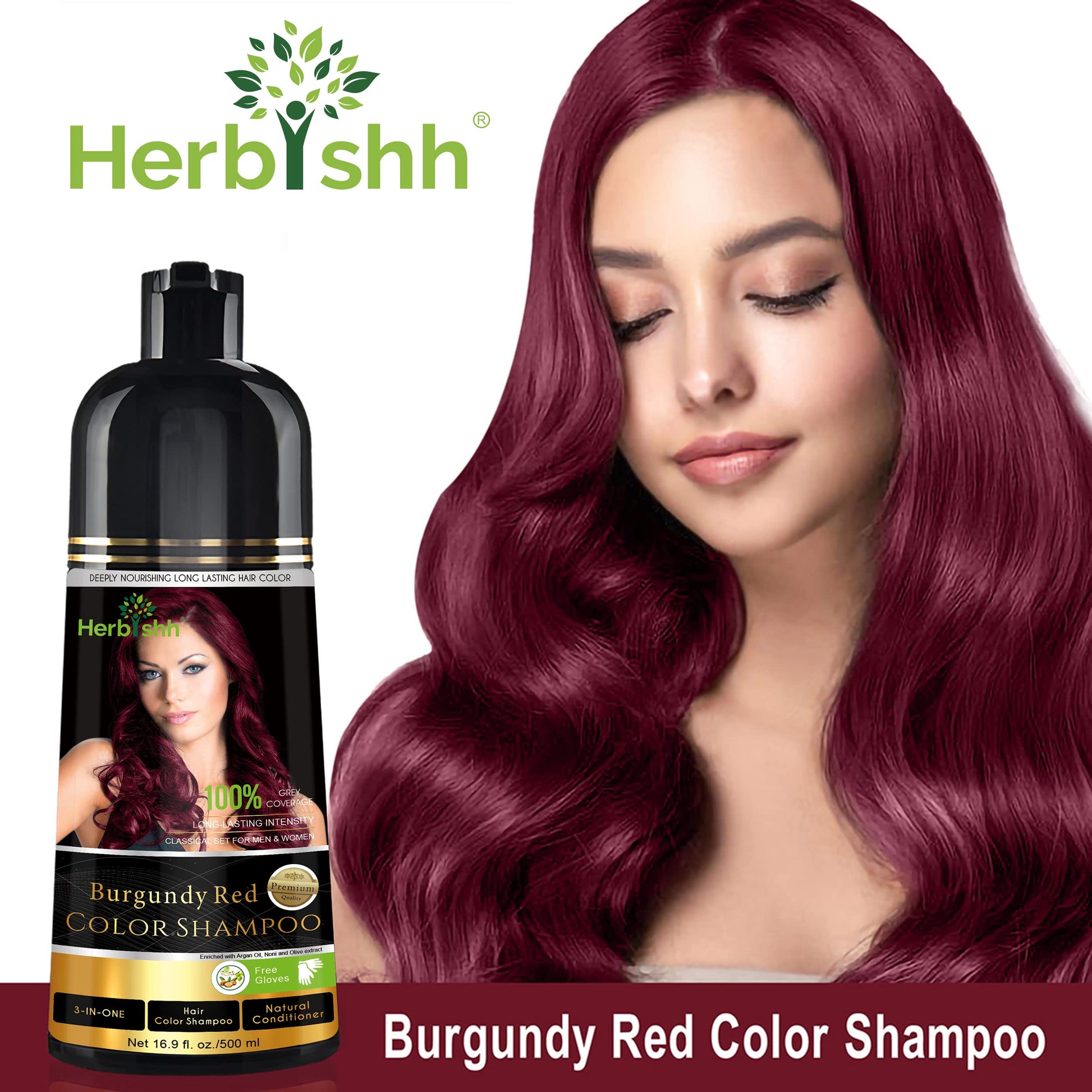 Herbishh - Champú colorante para cabello gris, champú con tinte natural para el cabello, colorea el cabello en minutos, dura hasta de 3 a 4 semanas, 500 ml, tinte de cabello 3 en 1, sin amoniaco | (Borgoña)